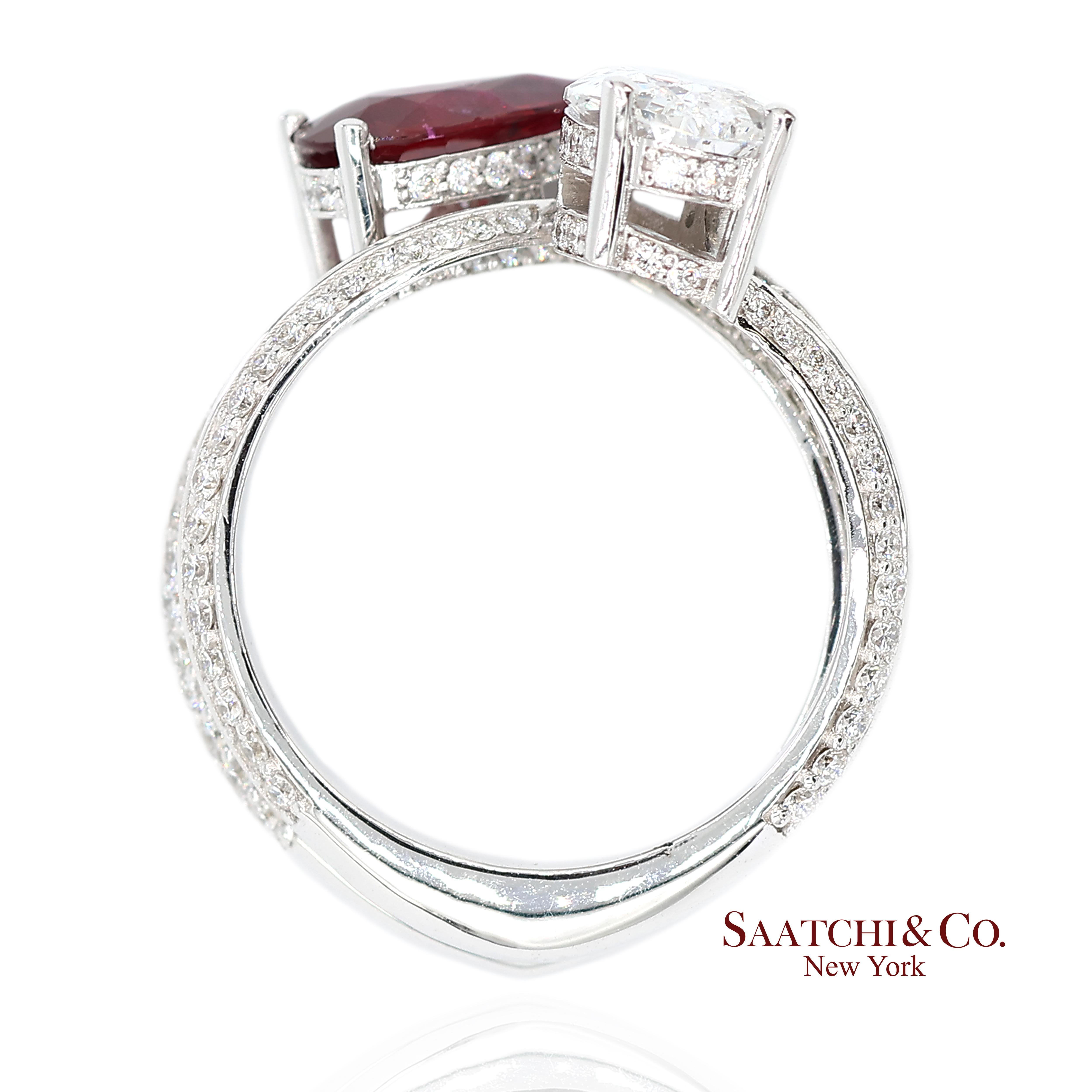 Bague Toi et Moi en or blanc massif 18K 750 diamants naturels et rubis Unisexe en vente