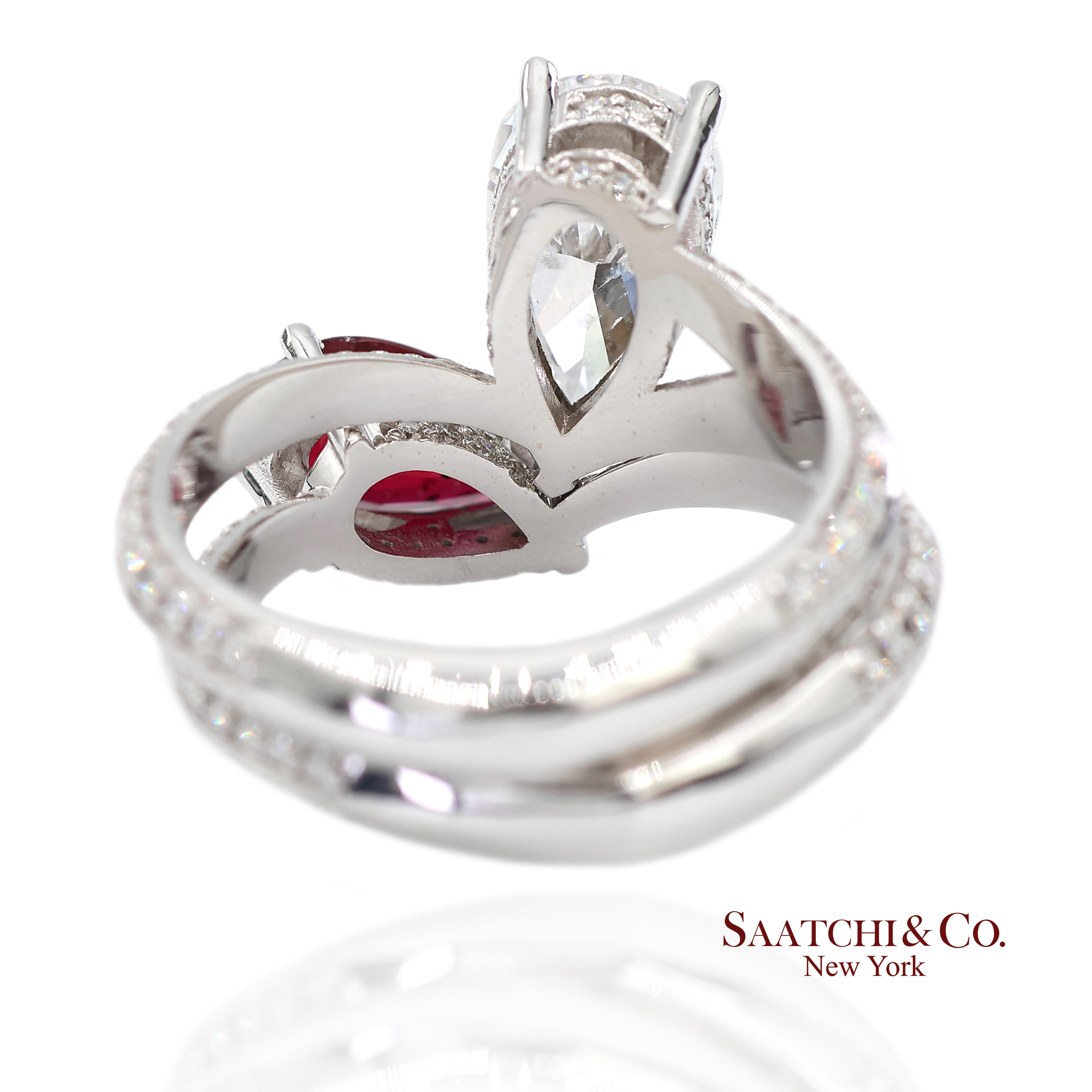 Bague Toi et Moi en or blanc massif 18K 750 diamants naturels et rubis en vente 1