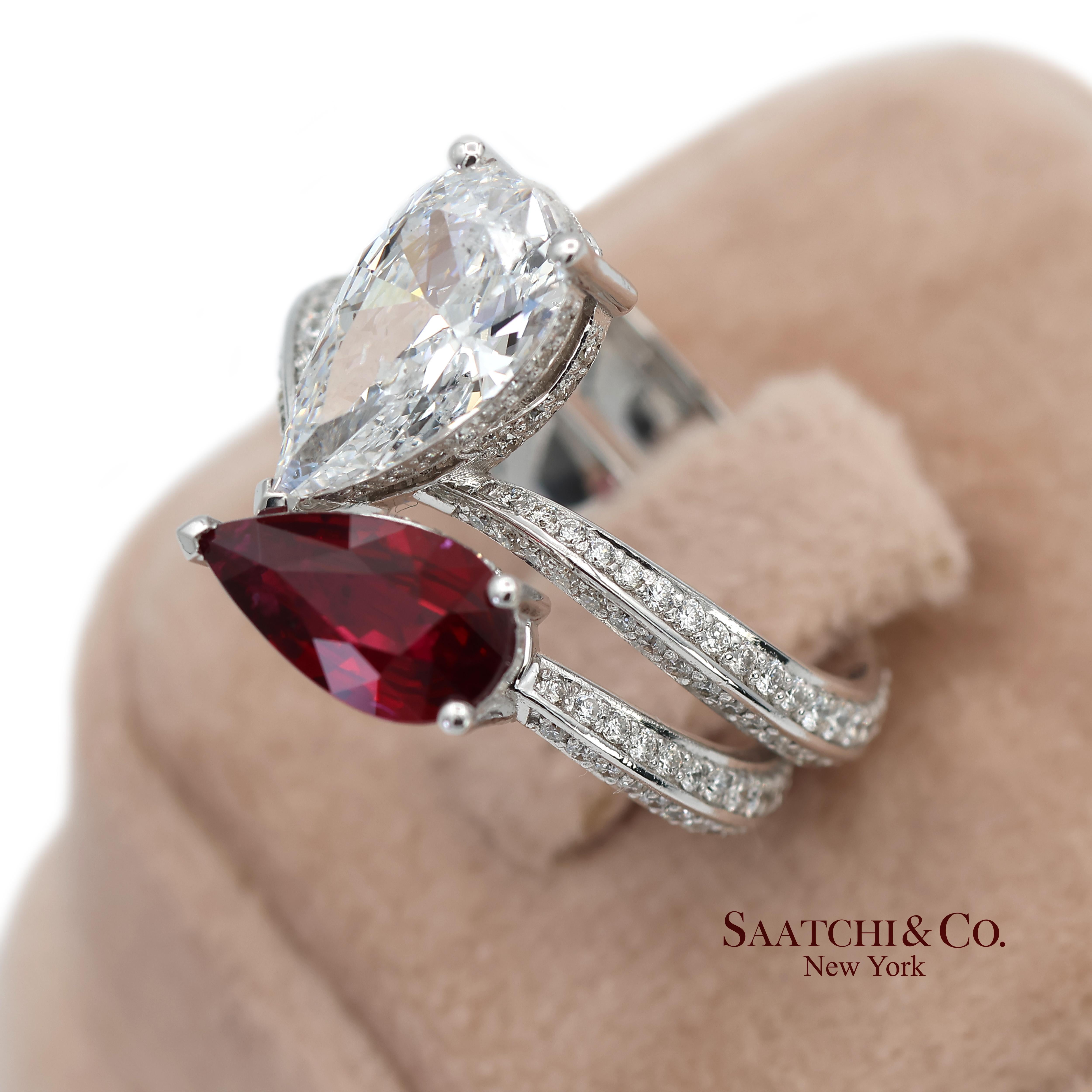 Bague Toi et Moi en or blanc massif 18K 750 diamants naturels et rubis en vente 3