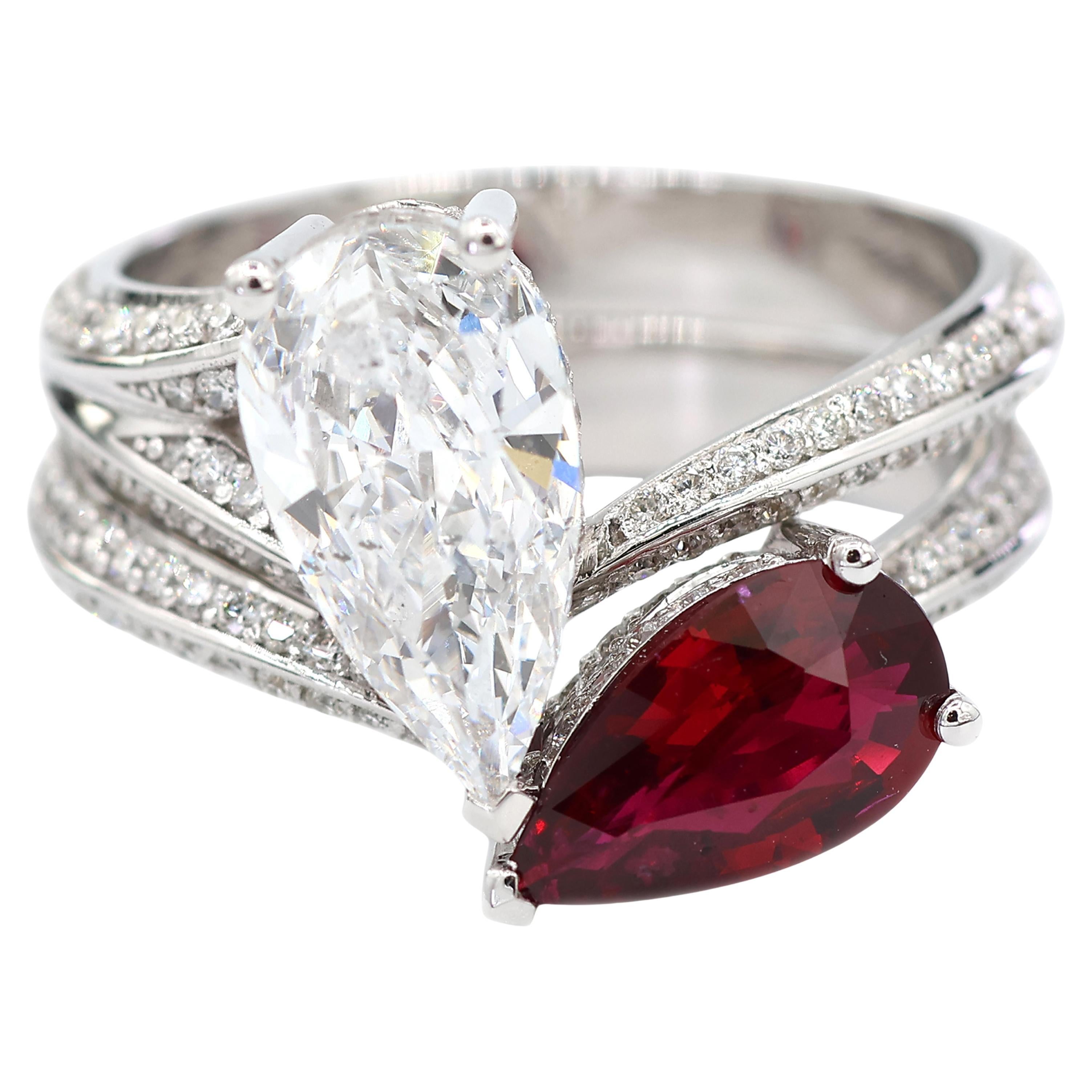 Bague Toi et Moi en or blanc massif 18K 750 diamants naturels et rubis