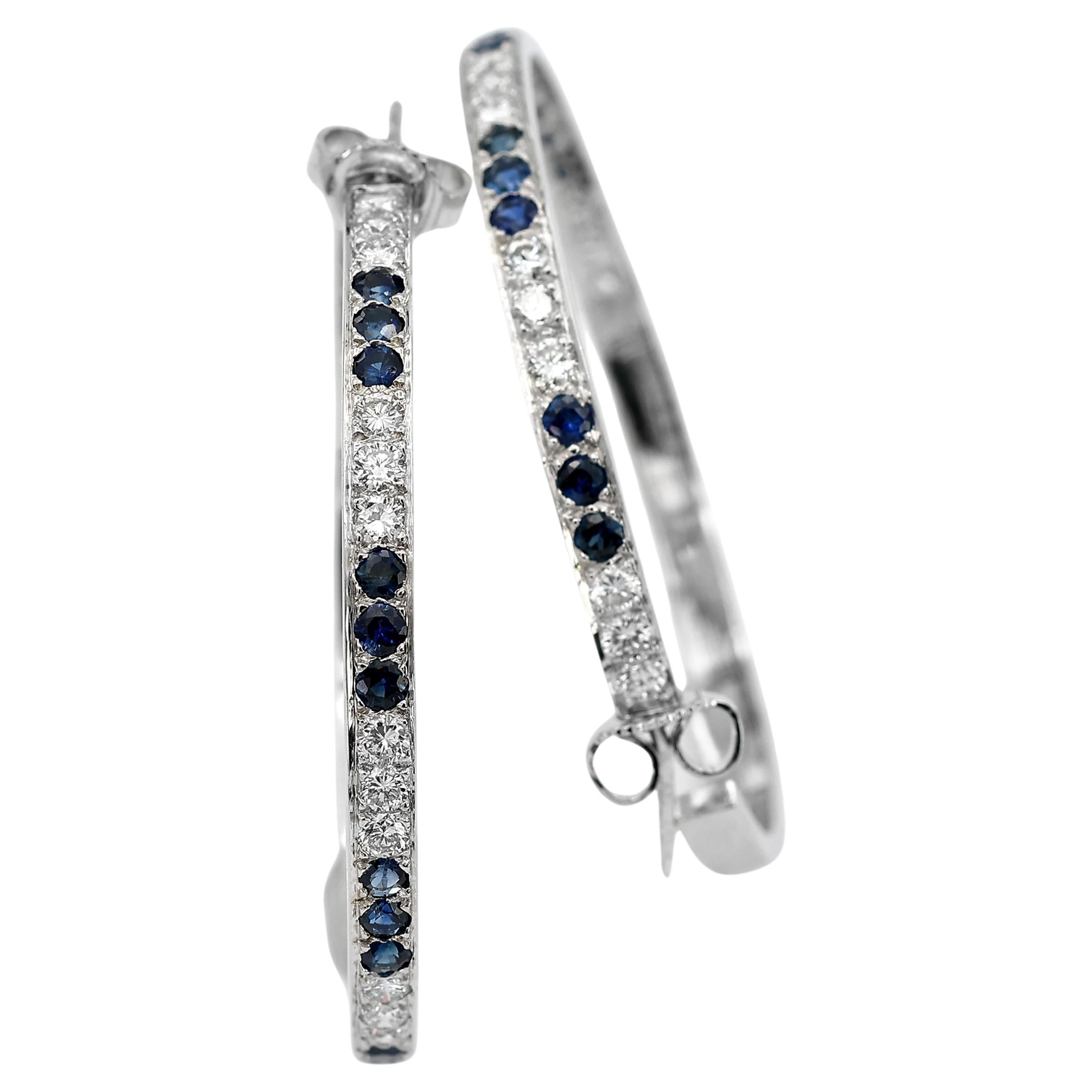 18K 750 Solid White Gold Natural Diamond and Sapphire Hoops Earrings