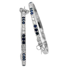 18K 750 Solid White Gold Natural Diamond and Sapphire Hoops Earrings