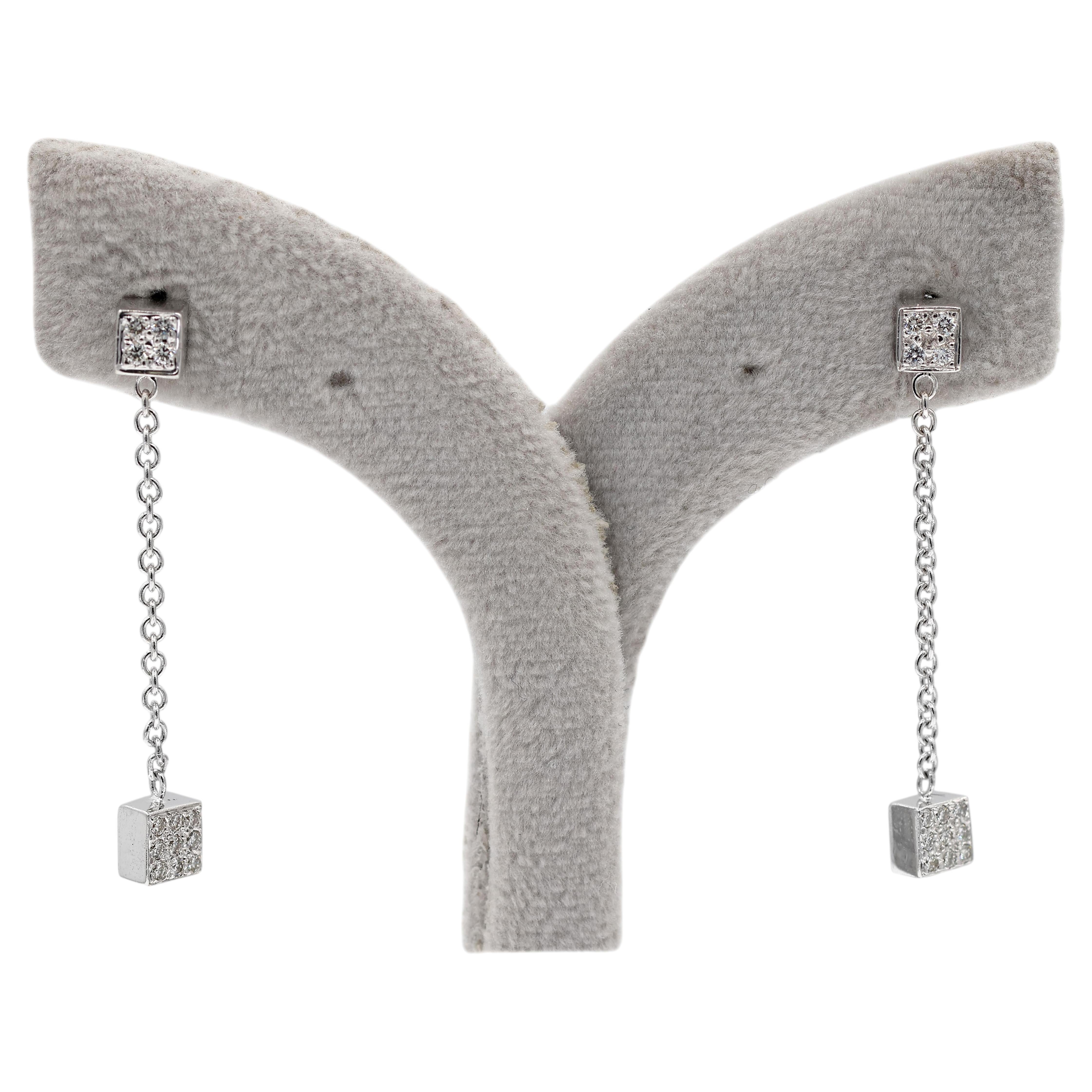 18K 750 Solid White Gold Natural Diamond Box Drop Earrings For Sale