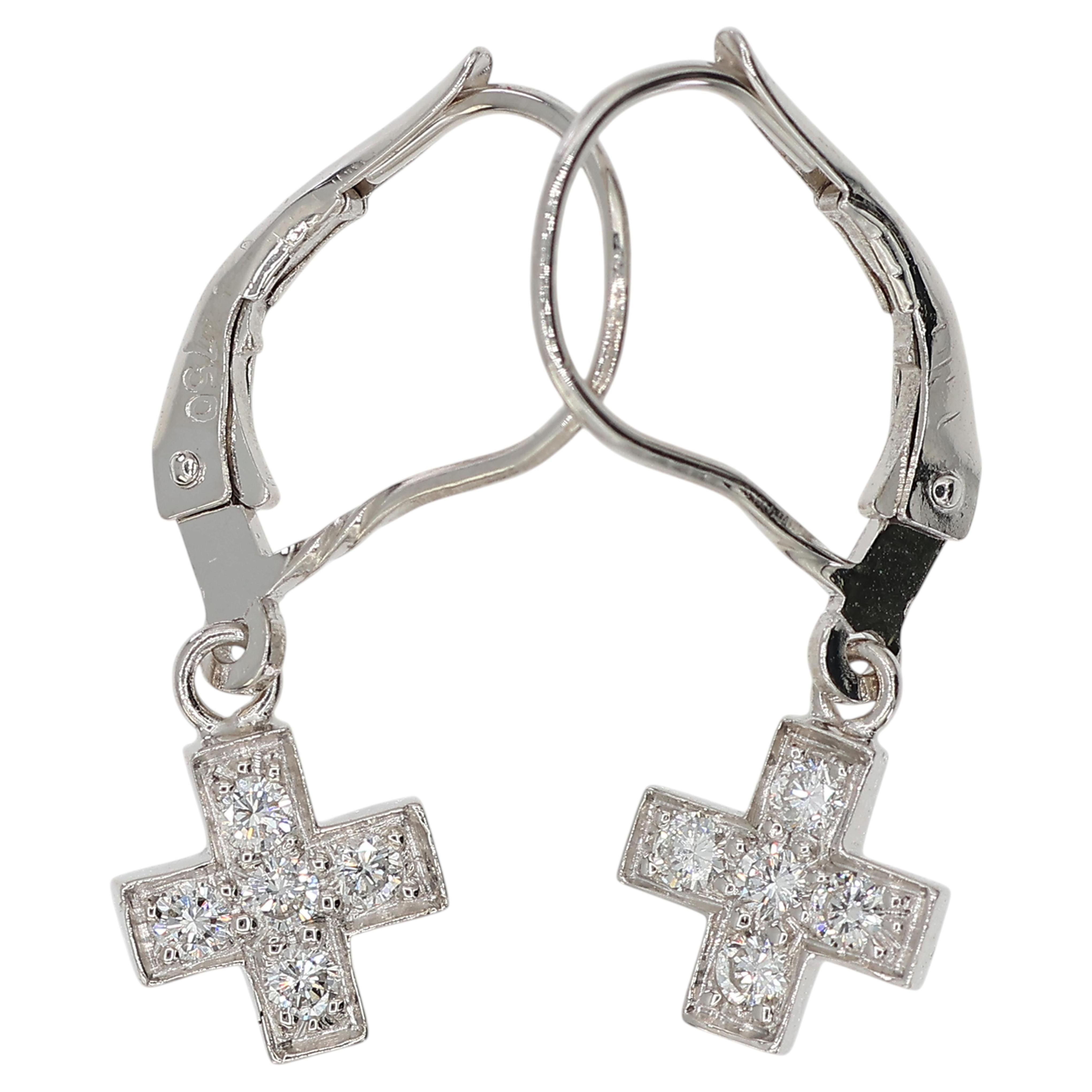 18K 750 Solid White Gold Natural Diamond Drop Hanging Cross Shape Earrings For Sale