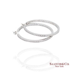 18K 750 Solid White Gold Natural Diamond Hoop Earrings In and Out Diamond