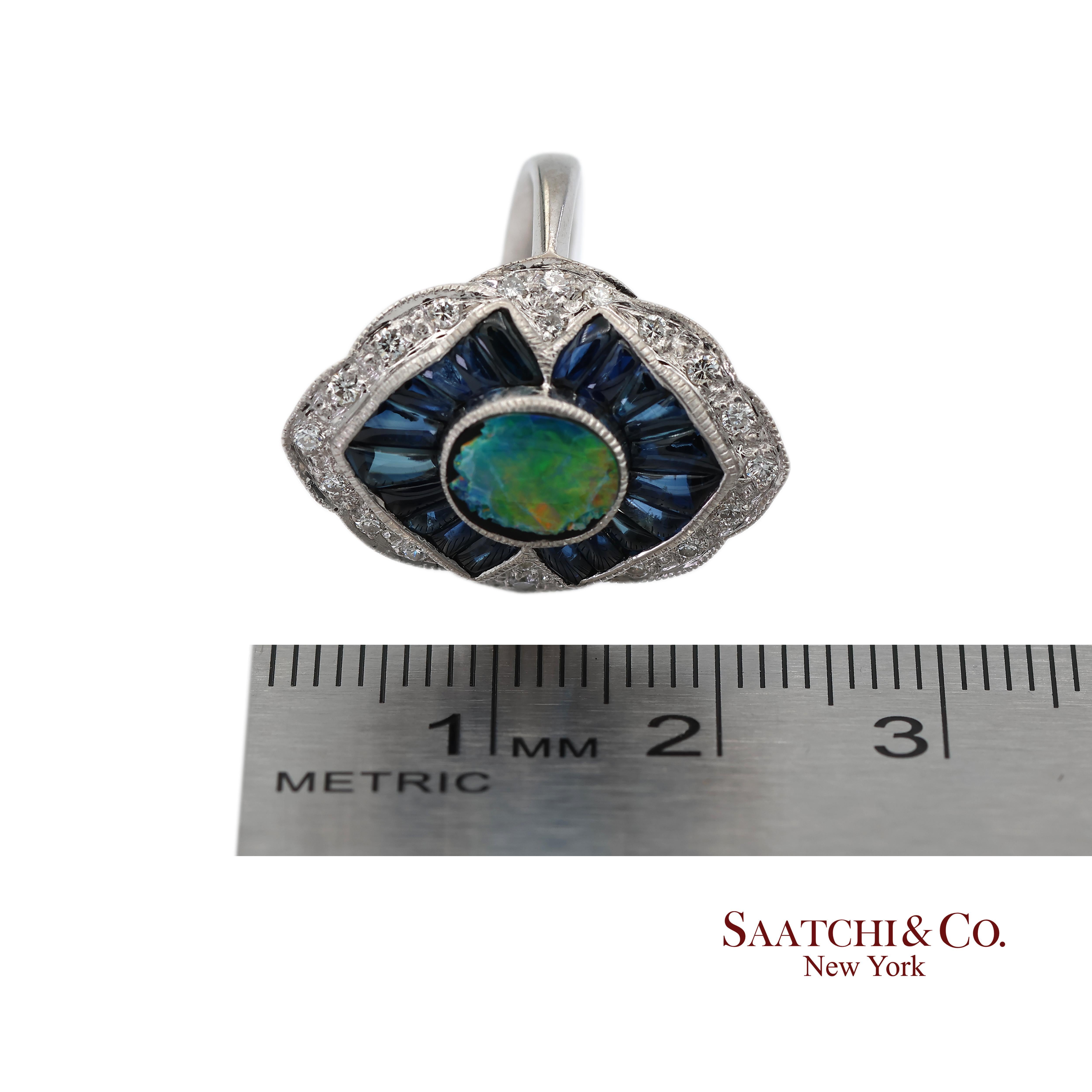 Bague en or blanc massif 18K 750 diamants naturels, saphir et opale en vente 4