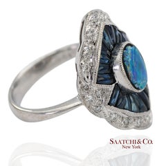18K 750 Solid White Gold Natural Diamond Sapphire and Opal Ring