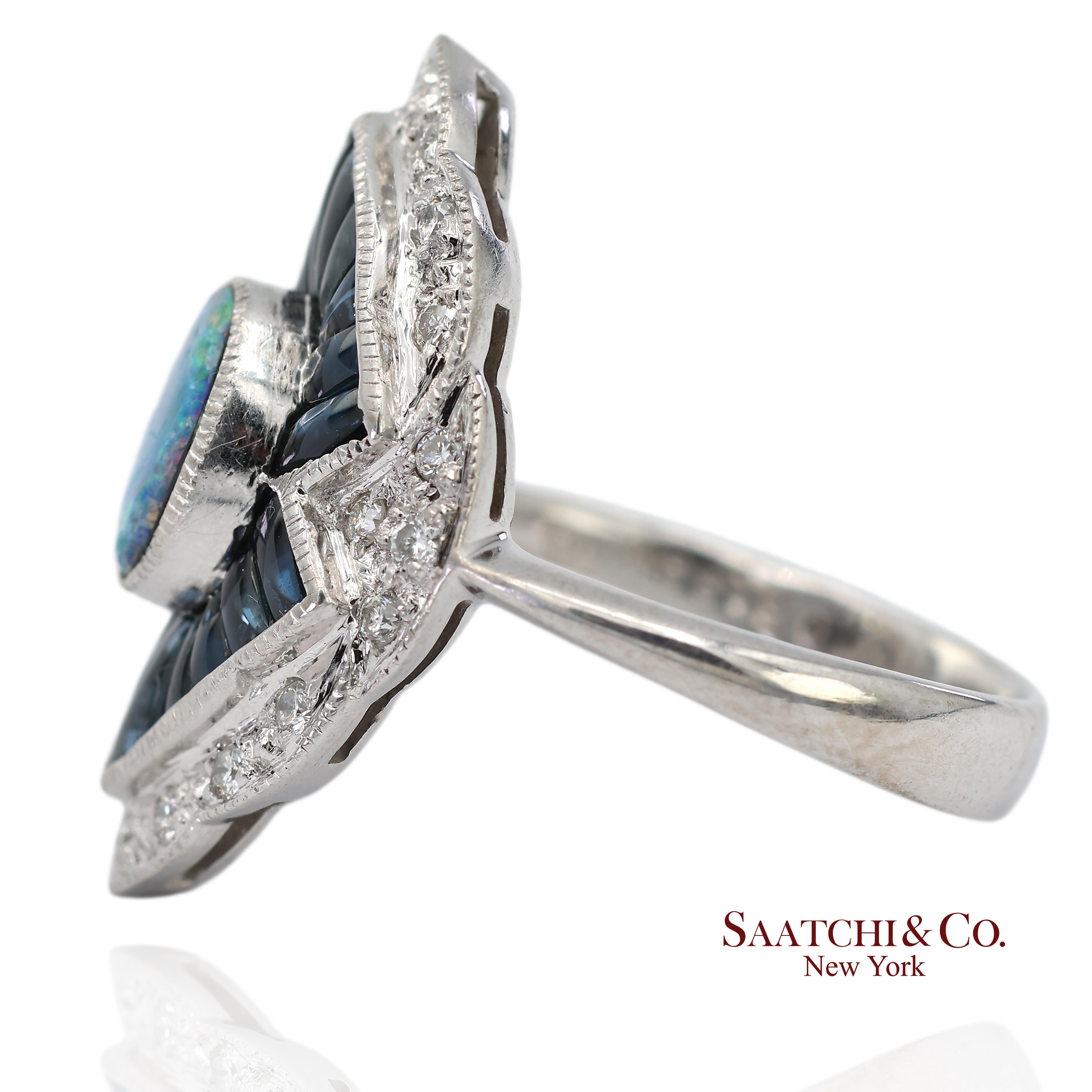 Contemporain Bague en or blanc massif 18K 750 diamants naturels, saphir et opale en vente
