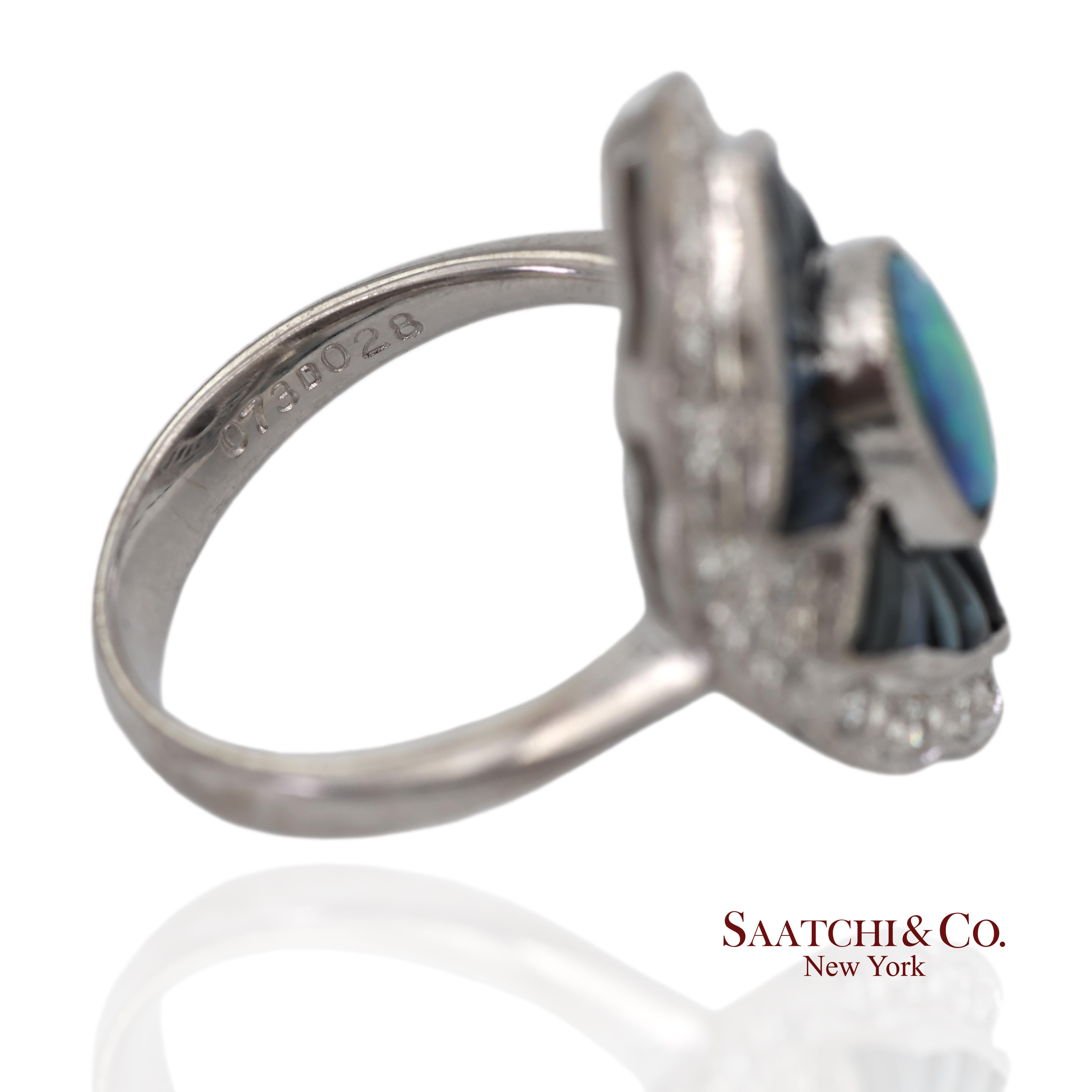 Bague en or blanc massif 18K 750 diamants naturels, saphir et opale Unisexe en vente