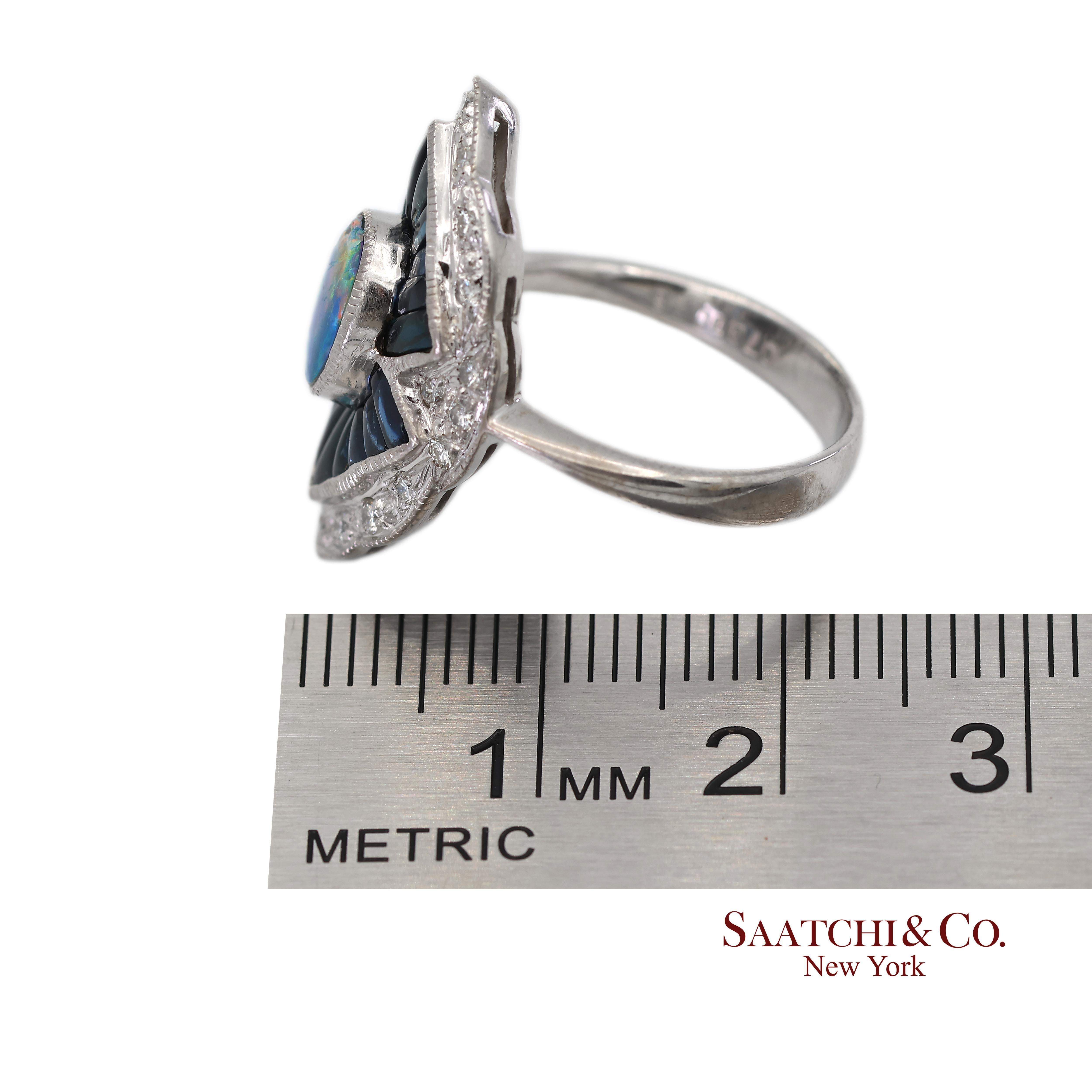 Bague en or blanc massif 18K 750 diamants naturels, saphir et opale en vente 3