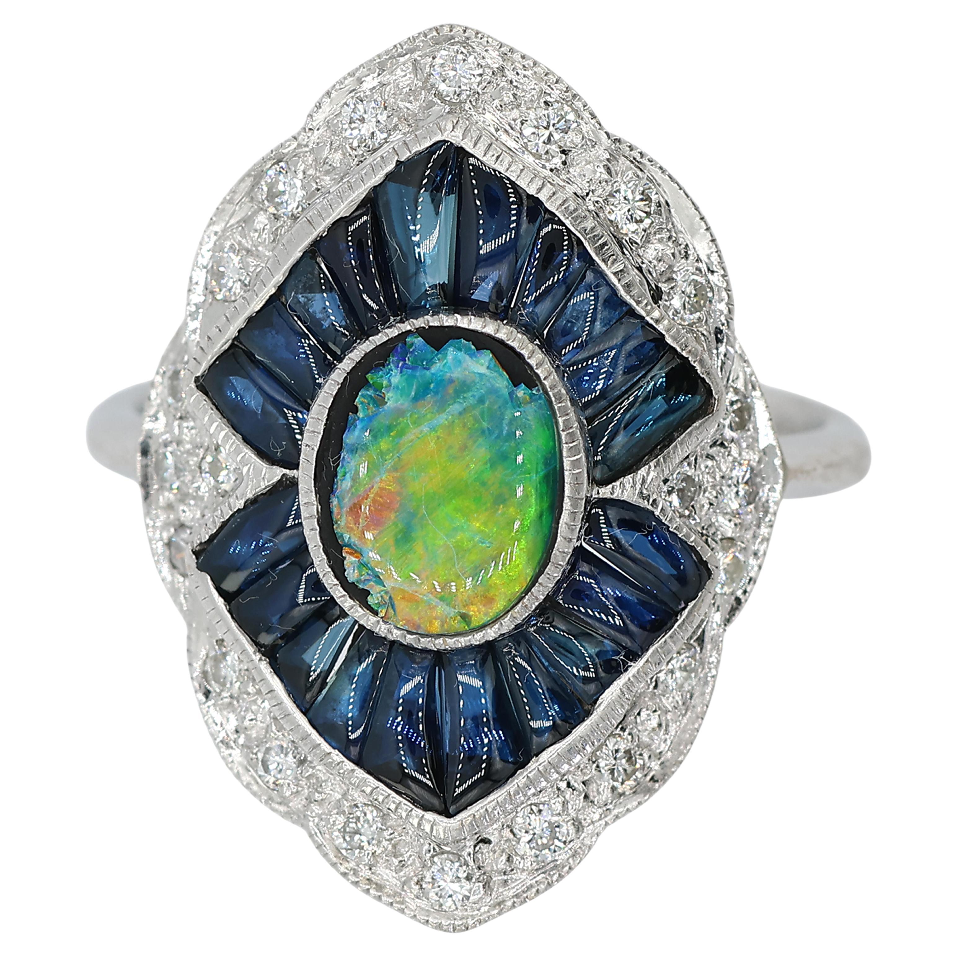 18K 750 Solid White Gold Natural Diamond Sapphire and Opal Ring