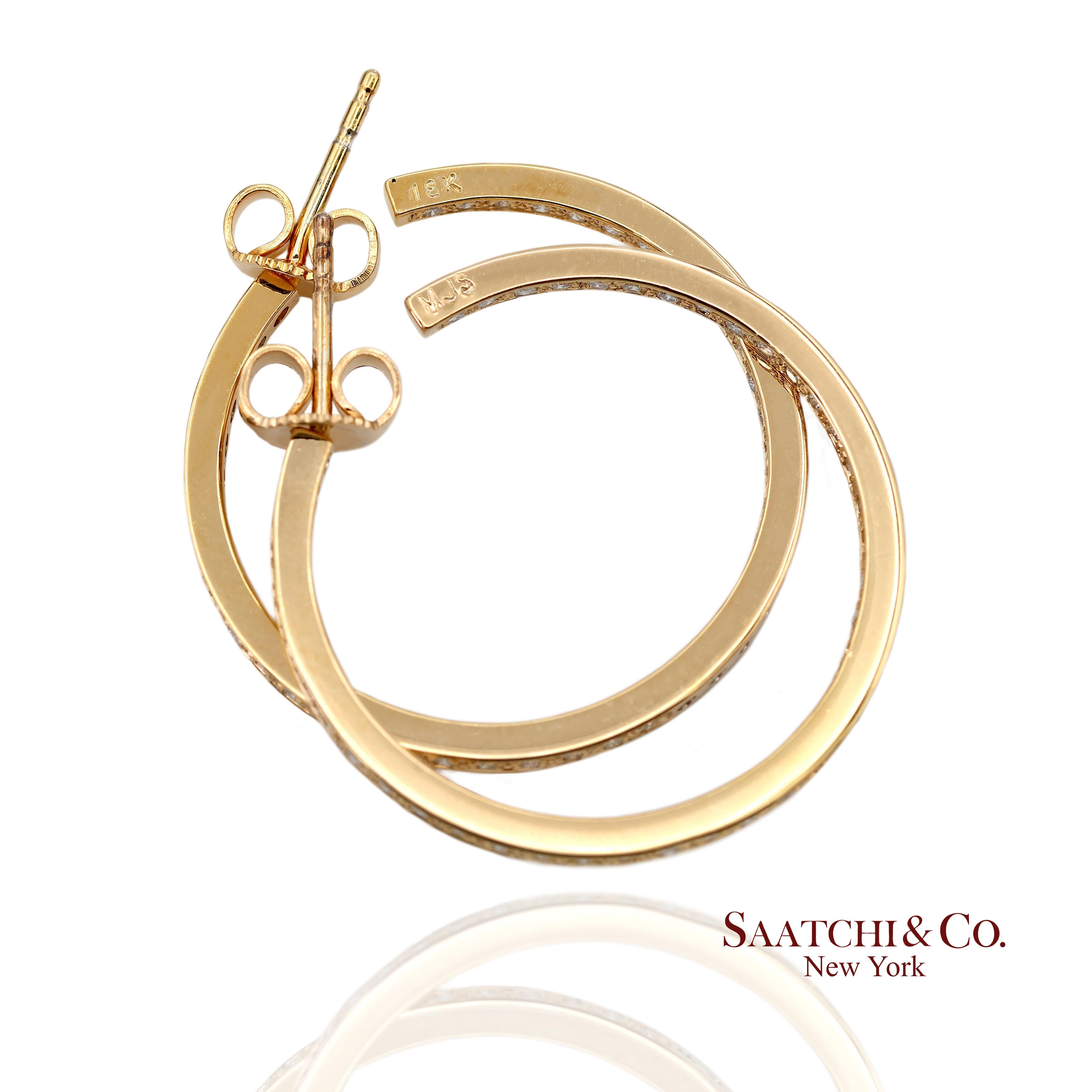 Pendientes de aro de oro amarillo macizo de 18 quilates 750 con diamantes naturales dentro y fuera Corte brillante en venta