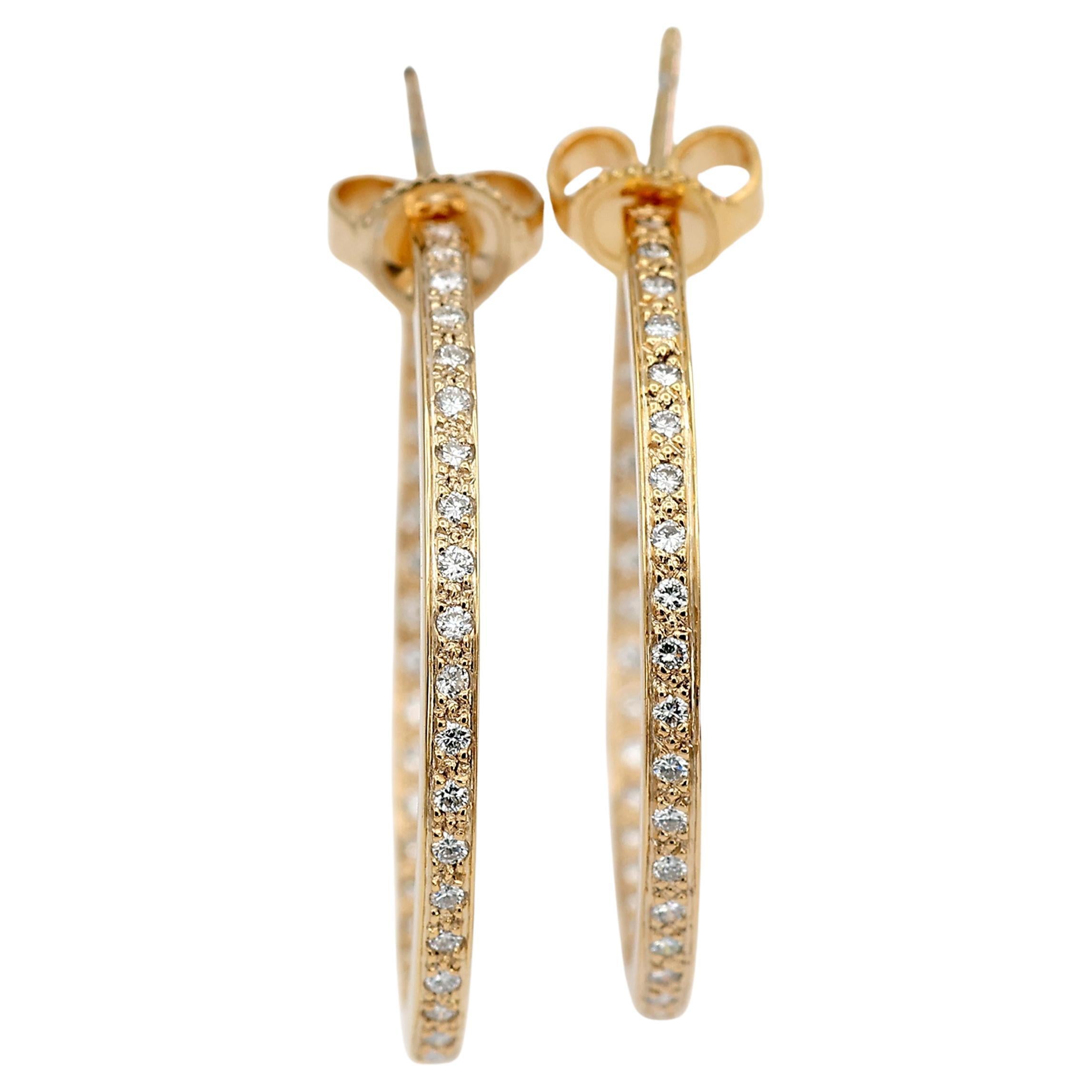 18K 750 Solid Yellow Gold In and Out Natural Diamond Hoop Earrings