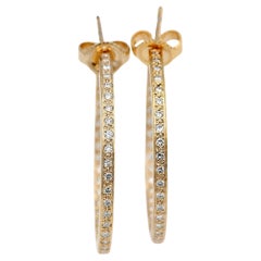 18K 750 Solid Yellow Gold In and Out Natural Diamond Hoop Earrings