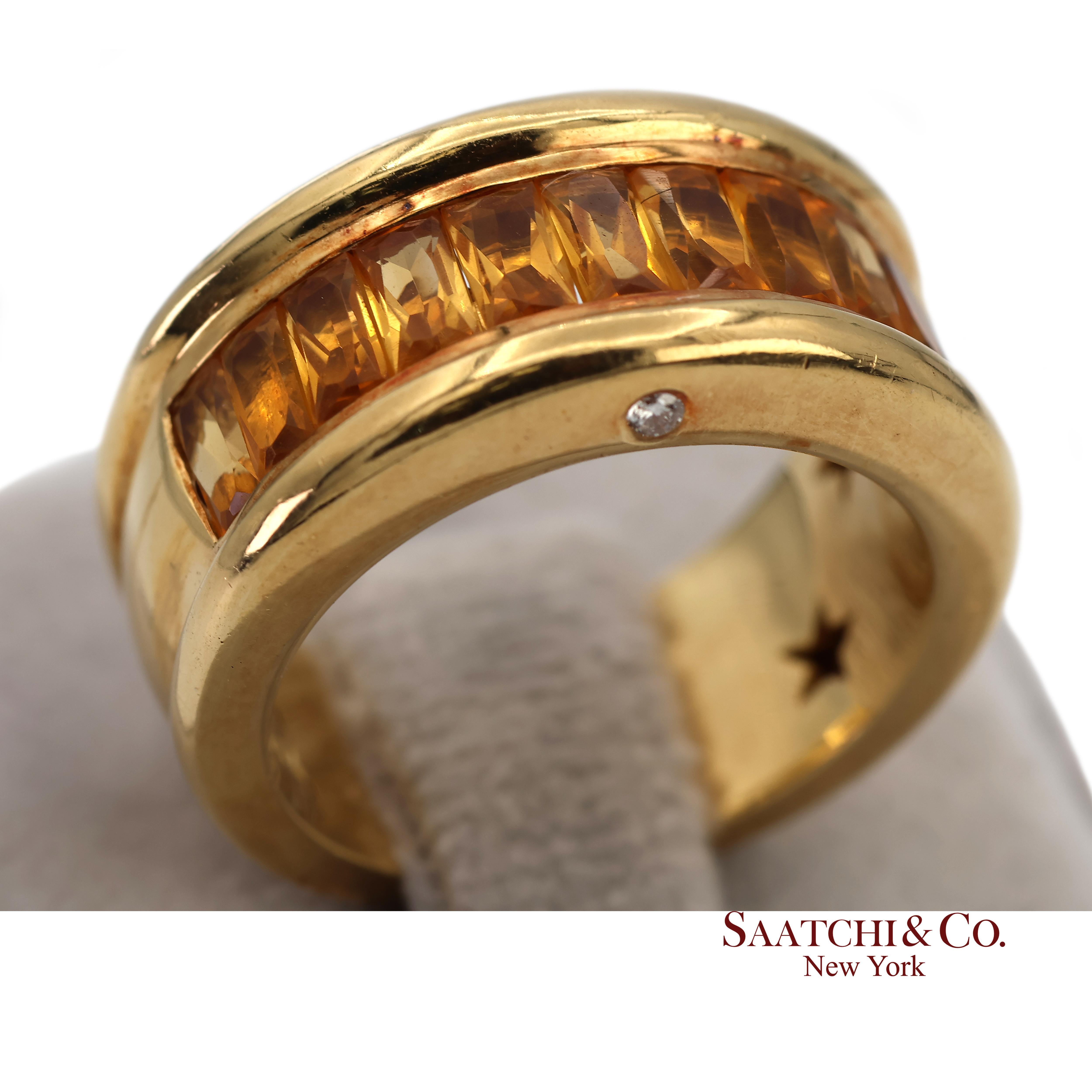 Bague à large bande en or jaune massif 18K 750 diamants naturels et citrine en vente 4