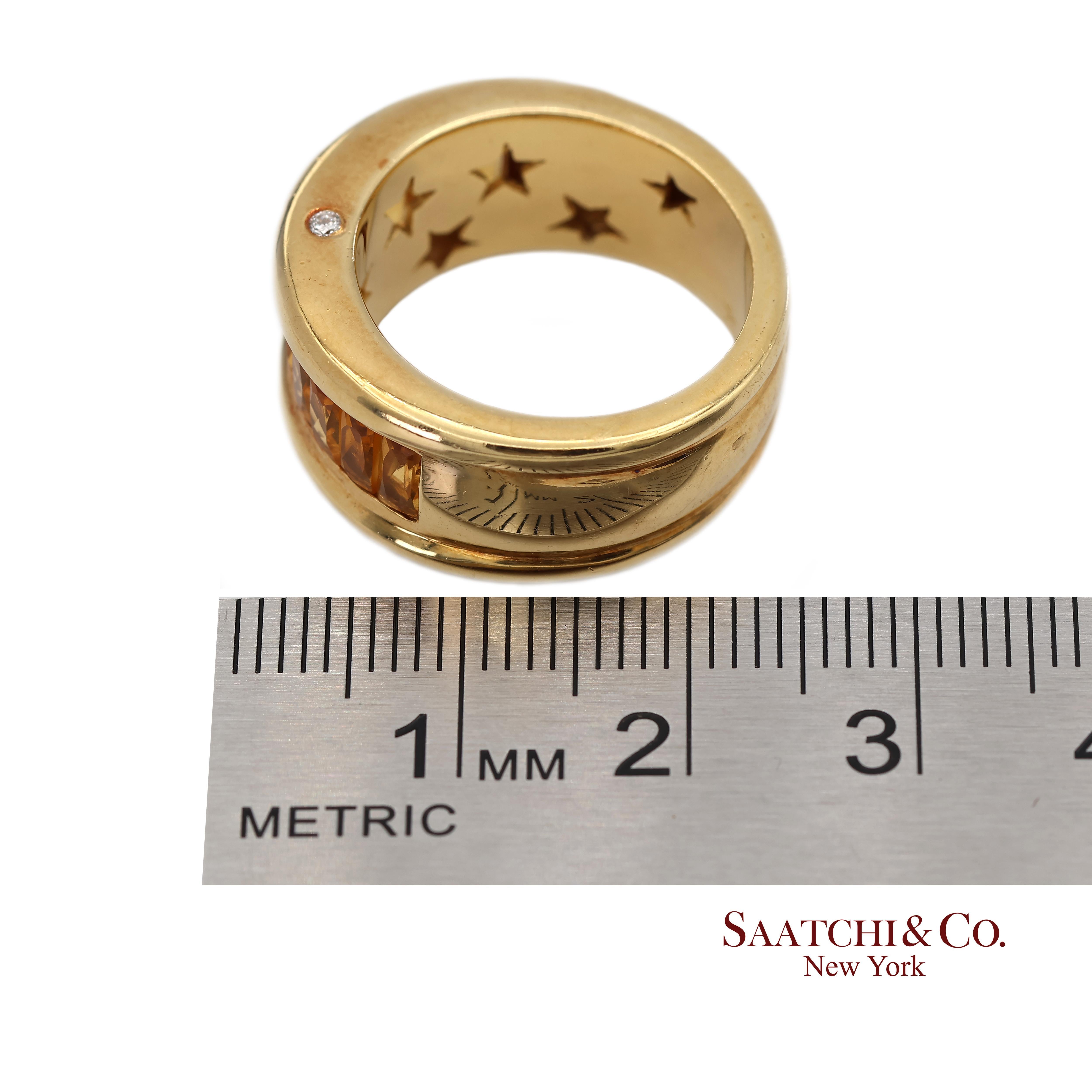 Bague à large bande en or jaune massif 18K 750 diamants naturels et citrine en vente 6