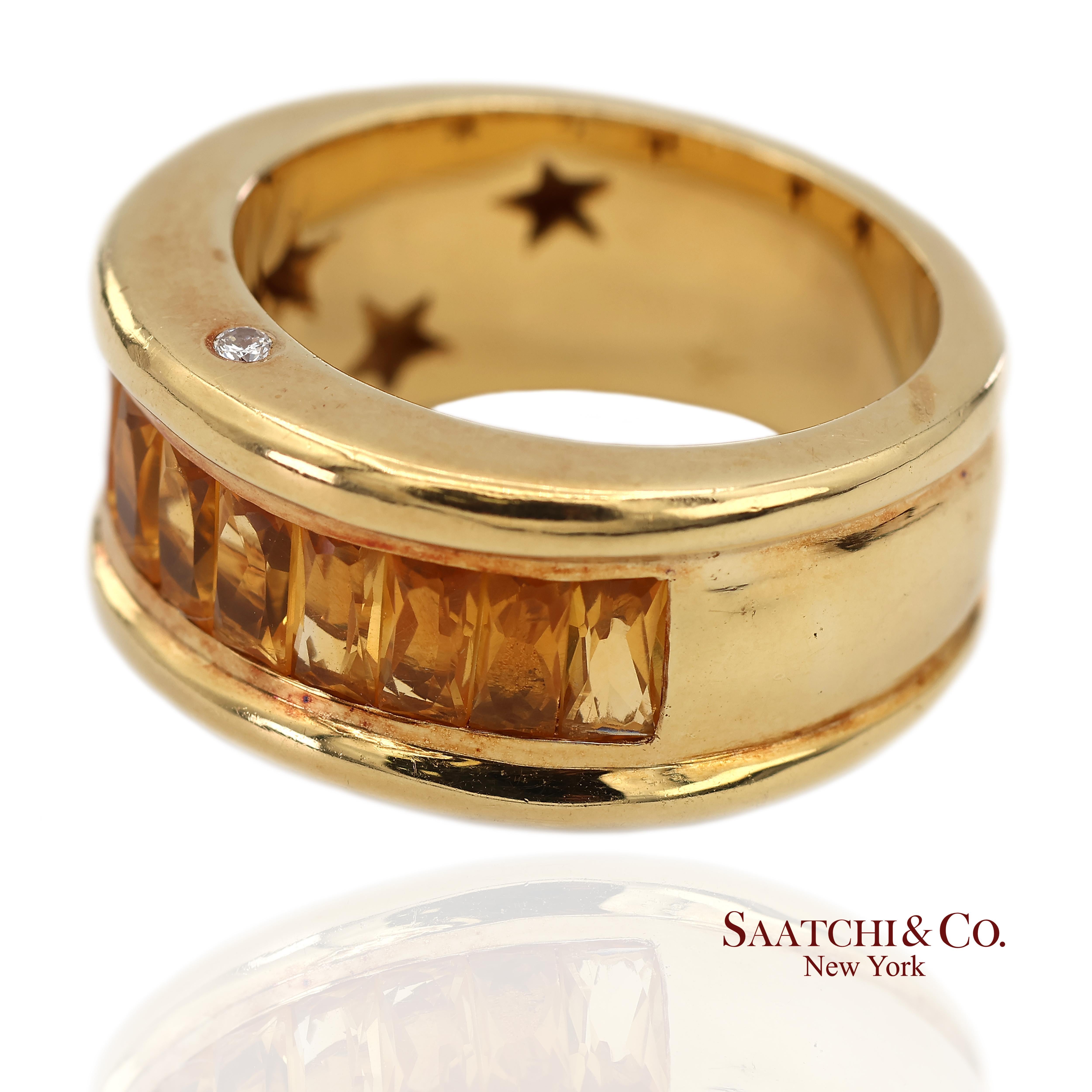 Taille brillant Bague à large bande en or jaune massif 18K 750 diamants naturels et citrine en vente