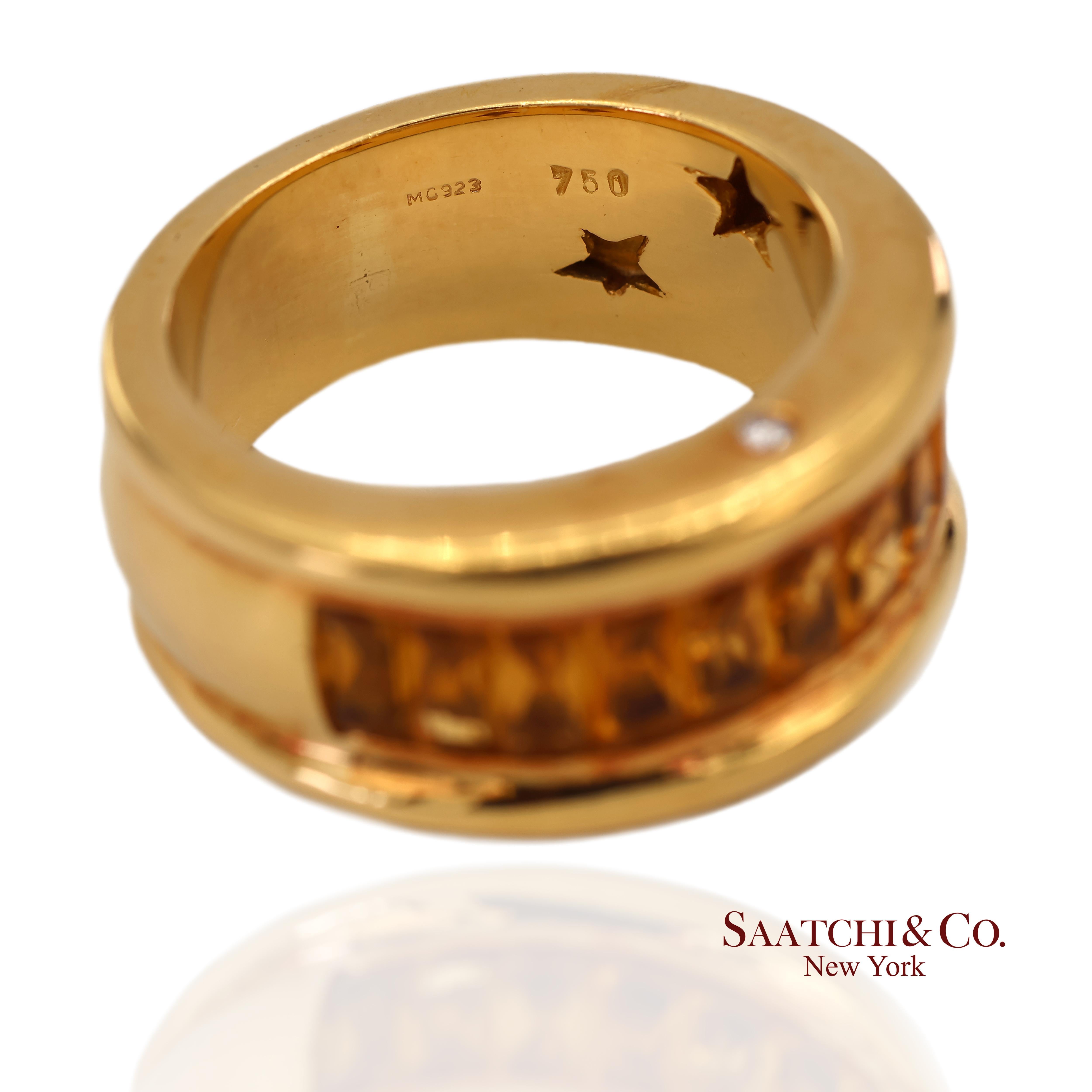 Bague à large bande en or jaune massif 18K 750 diamants naturels et citrine en vente 1