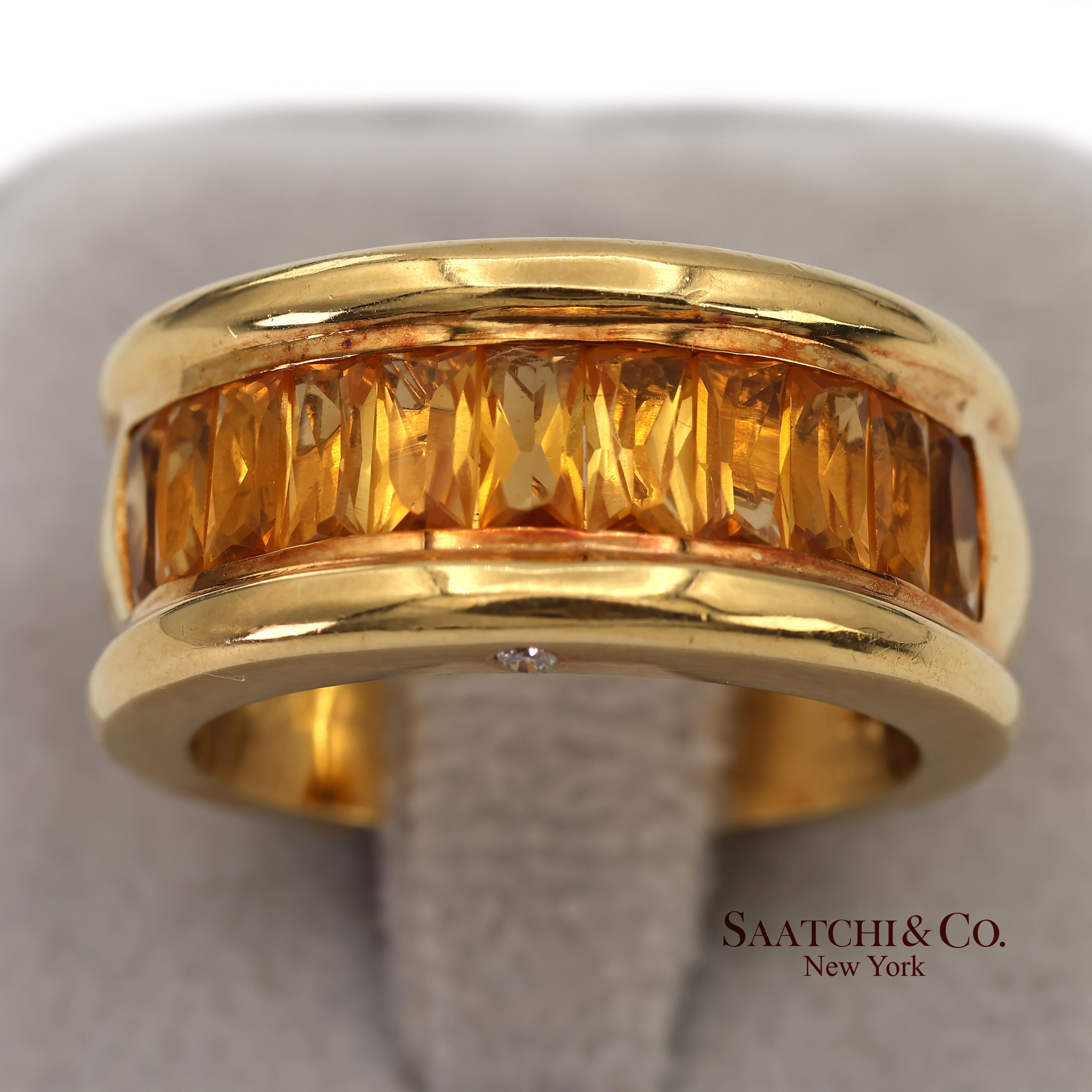 Bague à large bande en or jaune massif 18K 750 diamants naturels et citrine en vente 2