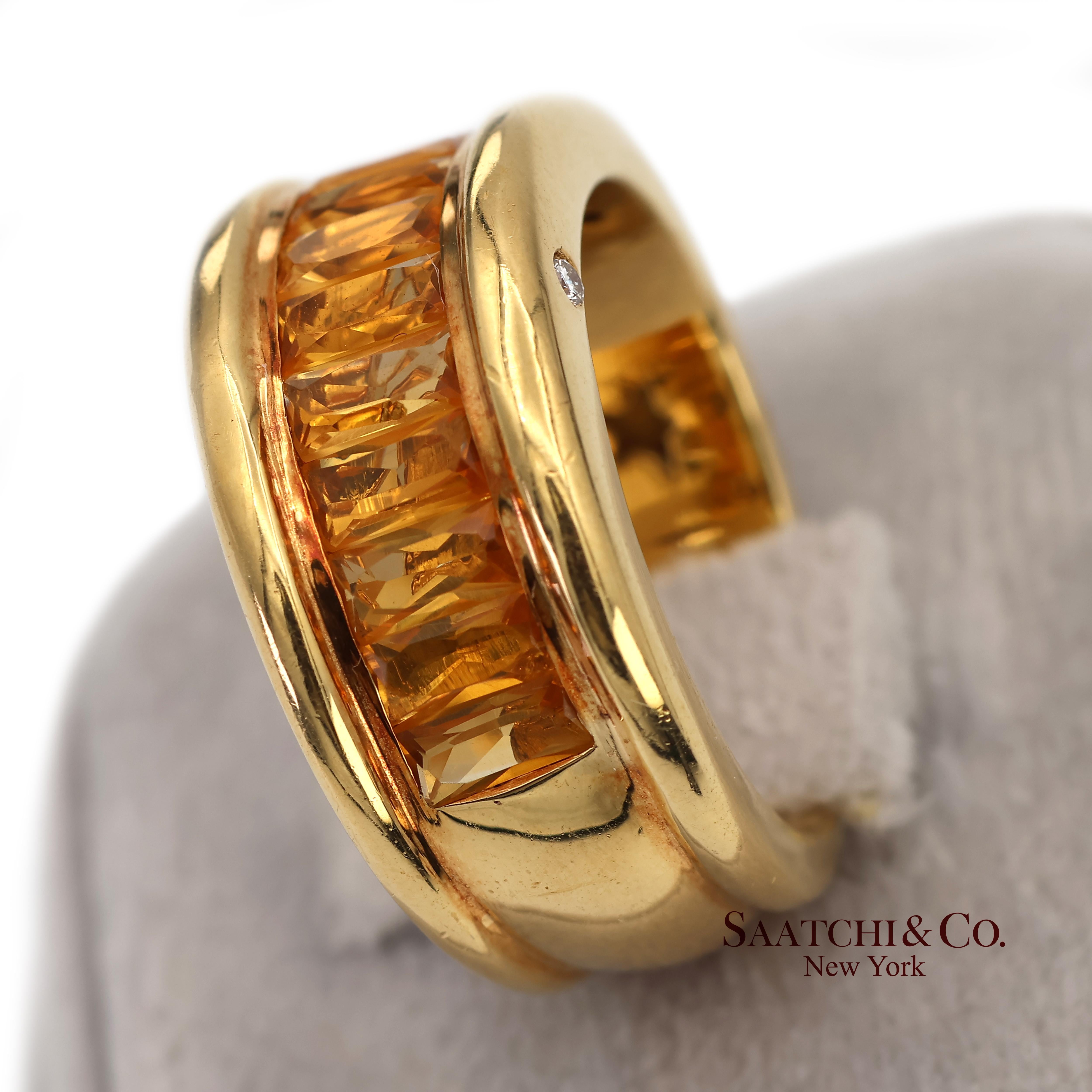 Bague à large bande en or jaune massif 18K 750 diamants naturels et citrine en vente 3