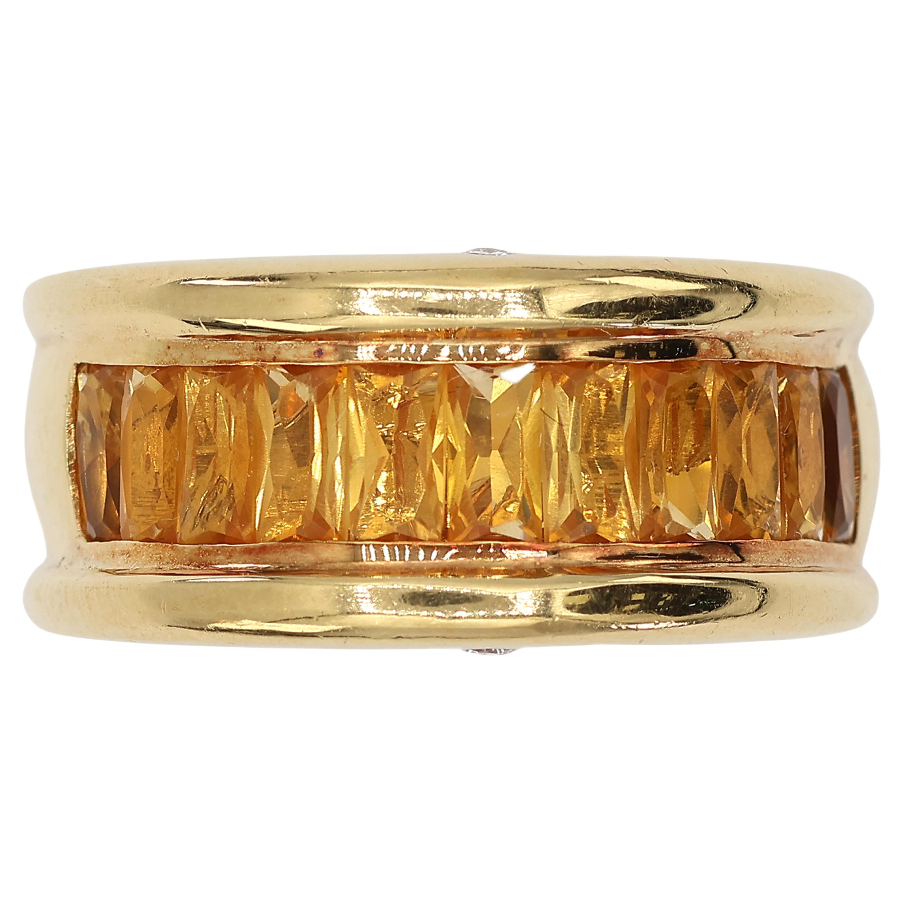 18K 750 Solid Yellow Gold Natural Diamond and Citrine Wide Band Ring