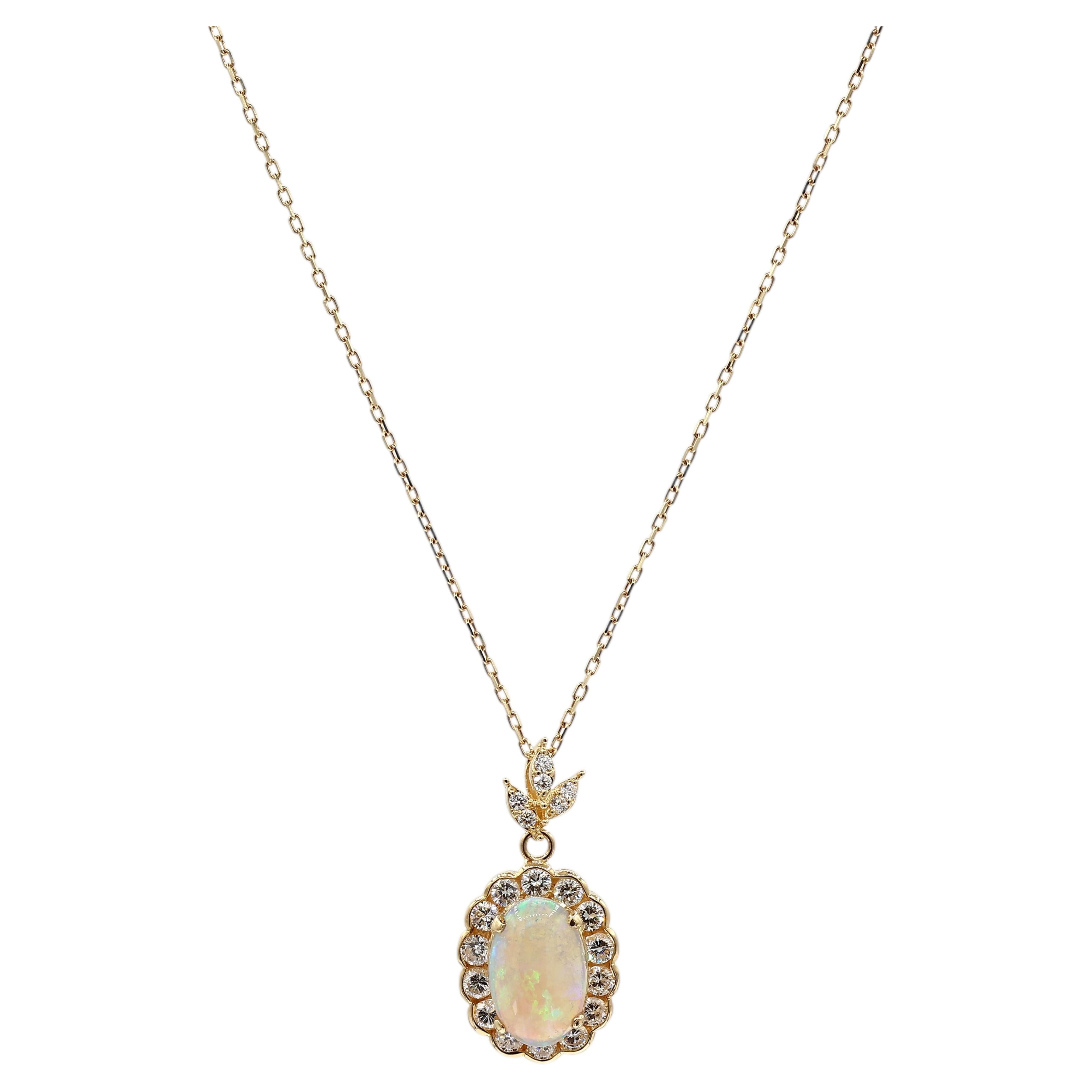 18K 750 Solid Yellow Gold Natural Diamond and Natural Opal Pendant Necklace