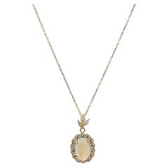 18K 750 Solid Yellow Gold Natural Diamond and Natural Opal Pendant Necklace