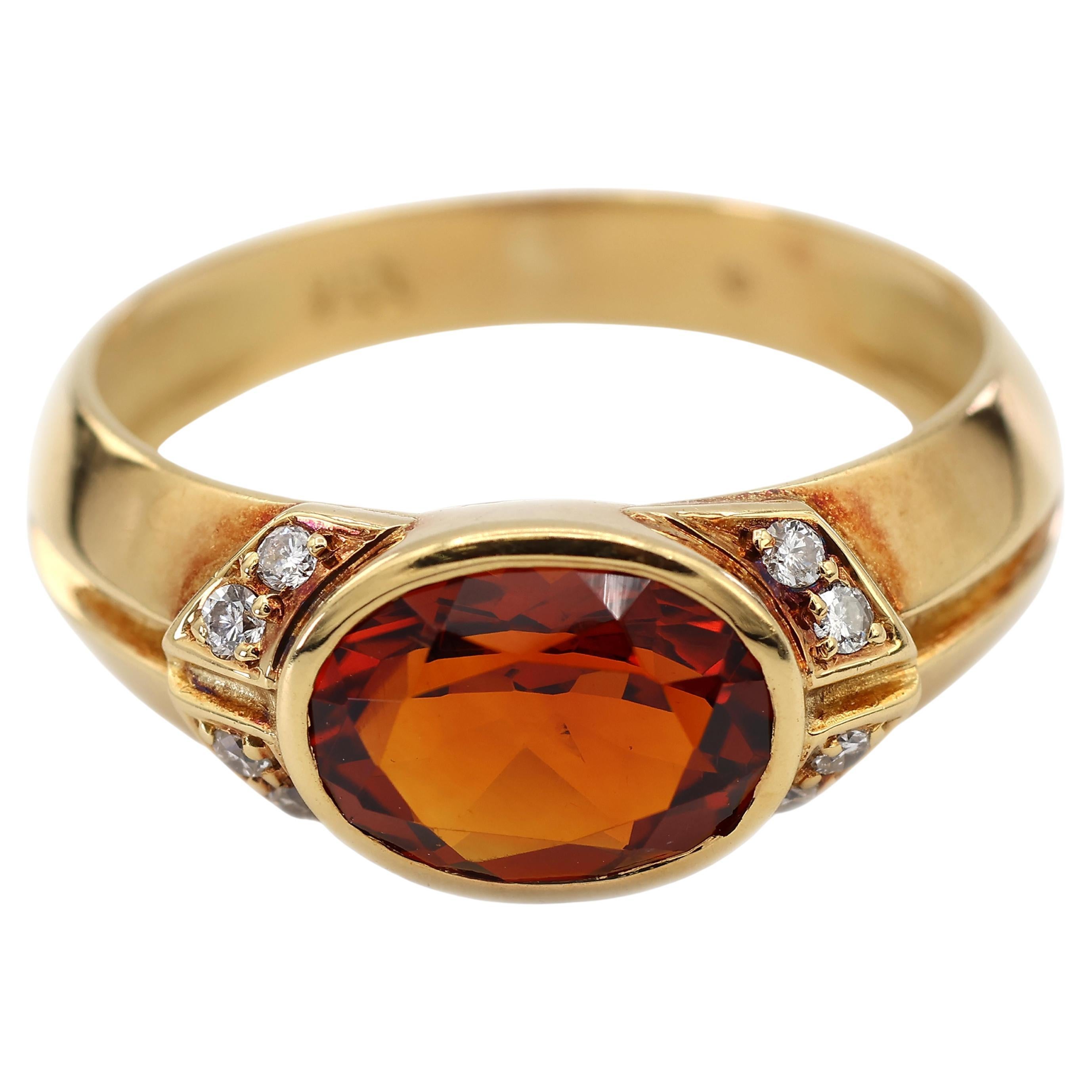 18K 750 Solid Yellow Gold Natural Diamond Mandarin Garnet Ring
