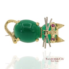18K 750 Solid Yellow Gold Natural Ruby Eyes & Green Gemstones Cat Pin Brooch