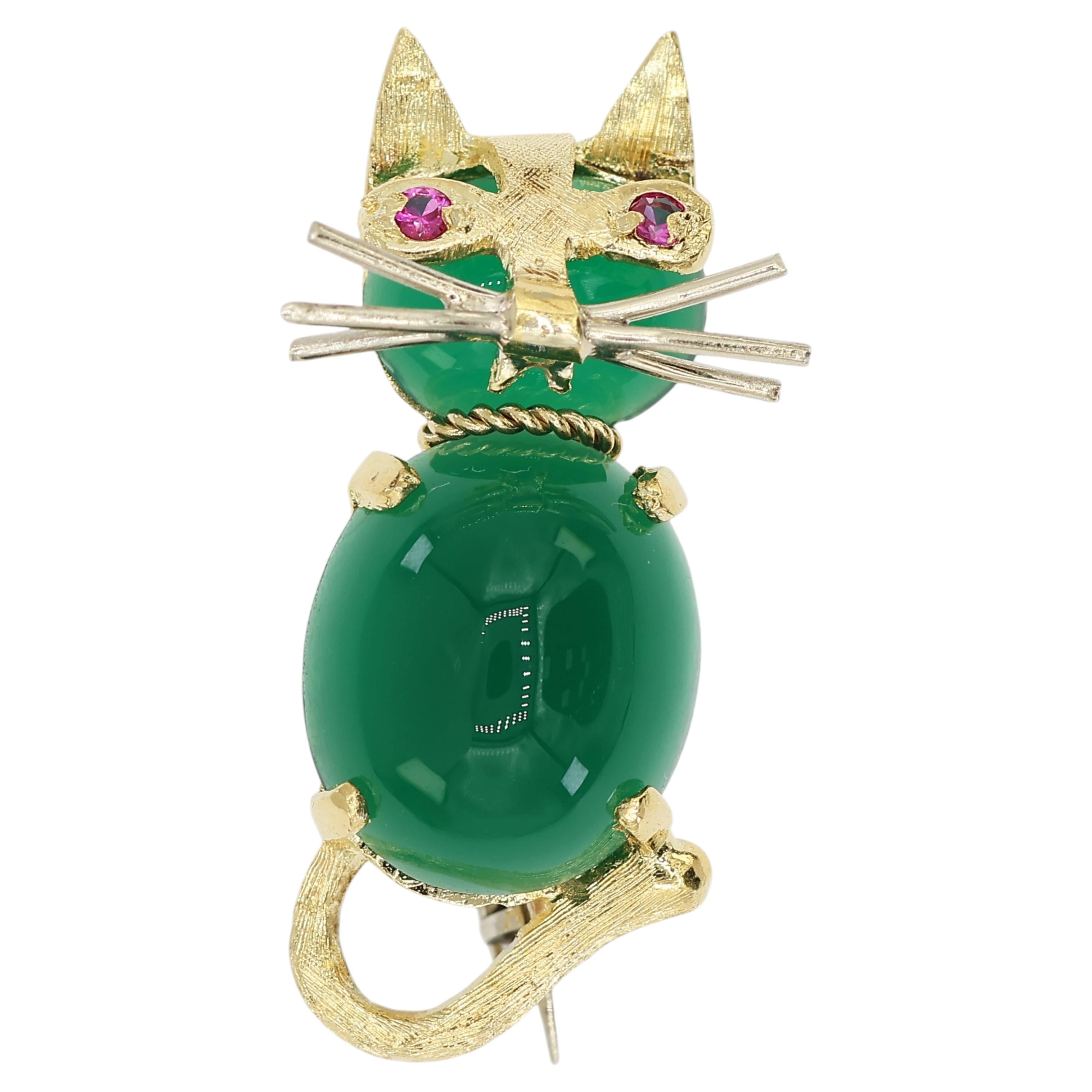 18K 750 Solid Yellow Gold Natural Ruby Eyes & Green Gemstones Cat Pin Brooch