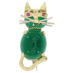 18K 750 Solid Yellow Gold Natural Ruby Eyes & Green Gemstones Cat Pin Brooch