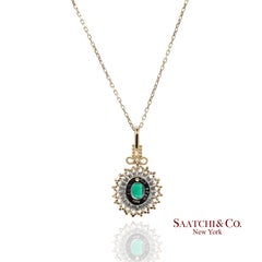 18K 750 Solid Yellow Gold & Platinum 900 Natural Diamond and Emerald Pendant