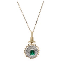 18K 750 Solid Yellow Gold & Platinum 900 Natural Diamond and Emerald Pendant