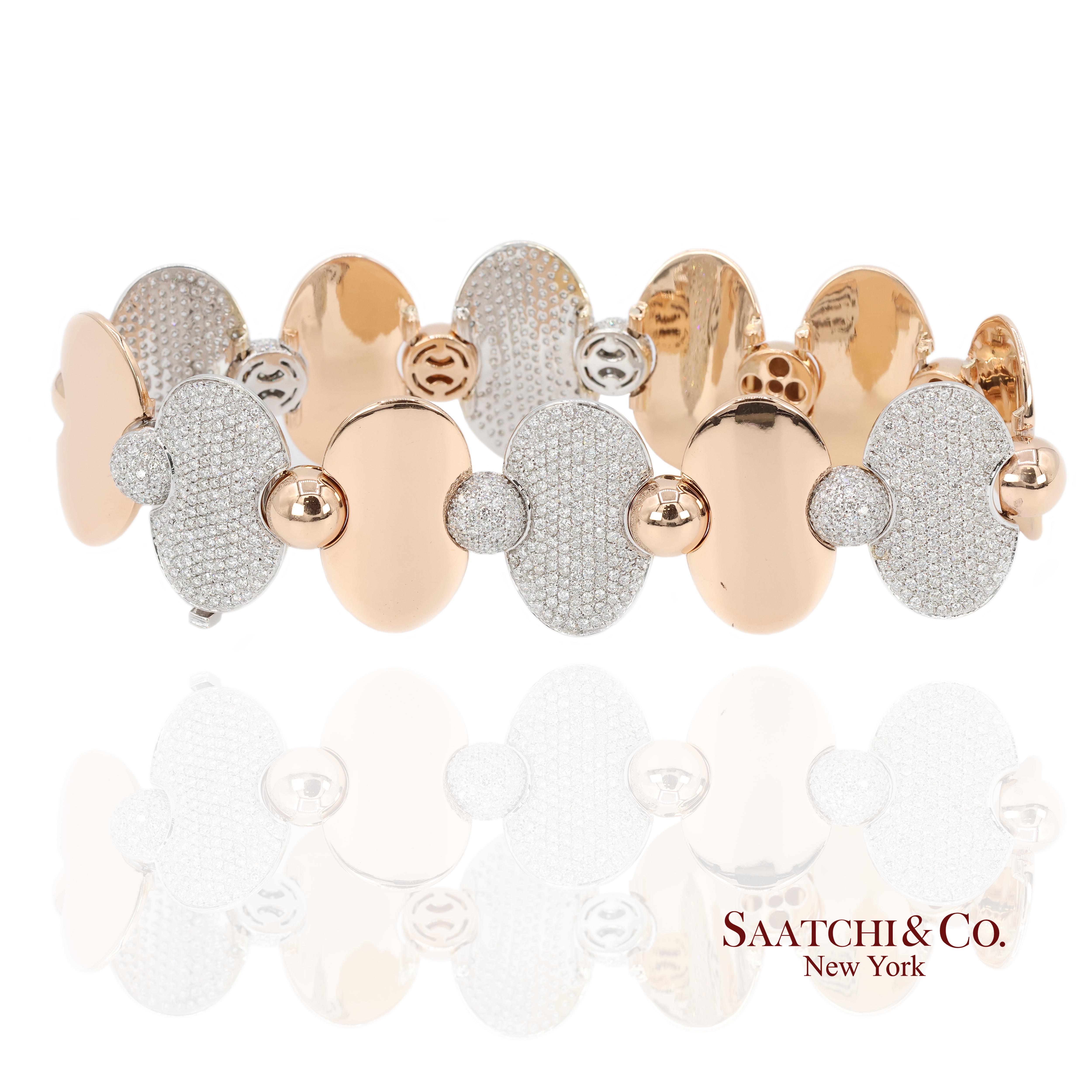 Taille ronde Bracelet tennis en or blanc et rose 18k 750 bicolore avec diamant naturel en vente
