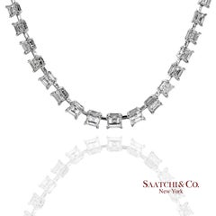 18K 750 White Gold Carre Cut Natural Diamond Tennis Necklace