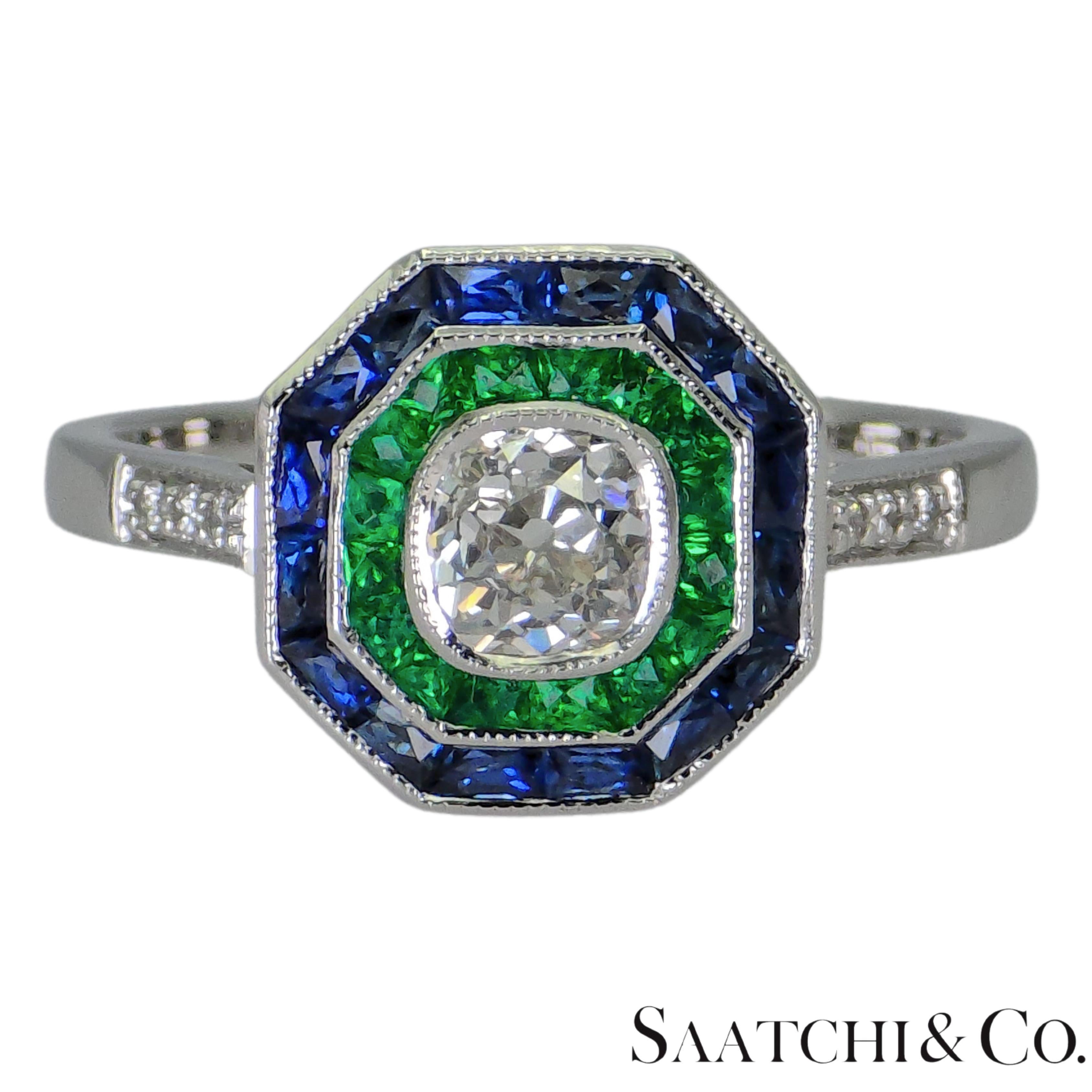 Esmeralda Zafiro Diamante Natural Forma Cojín Oro Blanco 18K 750: Anillo en venta 4