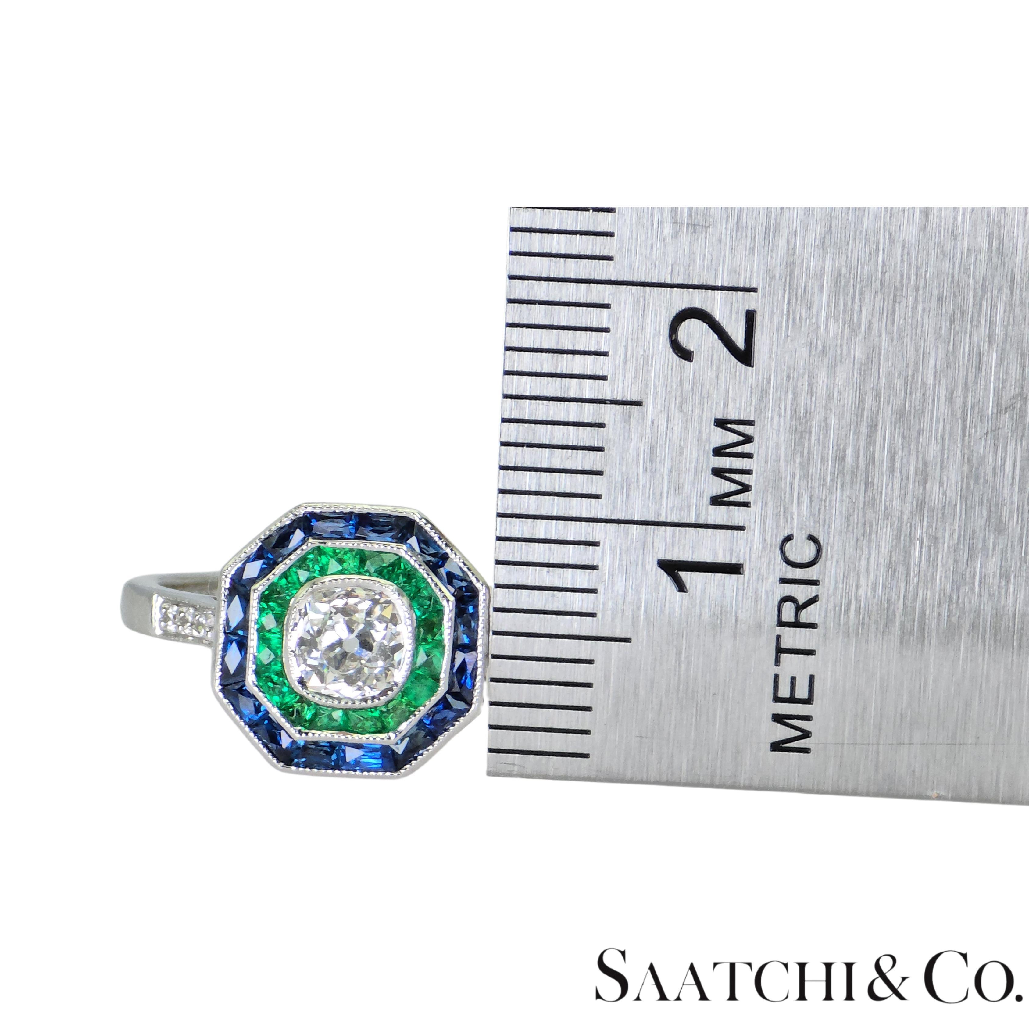 Esmeralda Zafiro Diamante Natural Forma Cojín Oro Blanco 18K 750: Anillo en venta 5