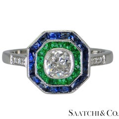 18K 750 White Gold Cushion Shape Natural Diamond Sapphire Emerald: Ring