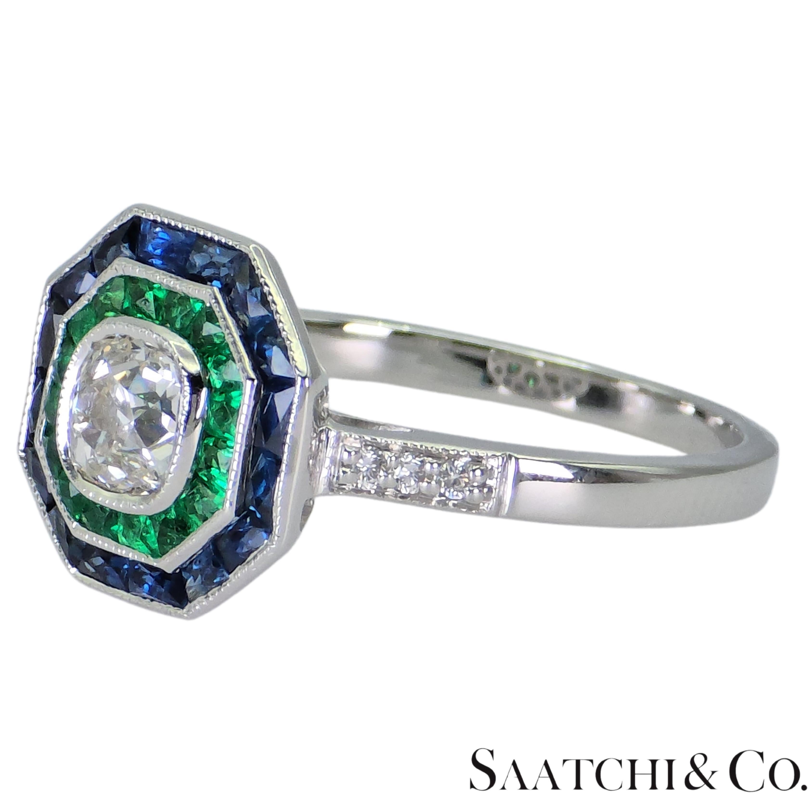 Esmeralda Zafiro Diamante Natural Forma Cojín Oro Blanco 18K 750: Anillo Corte cojín en venta