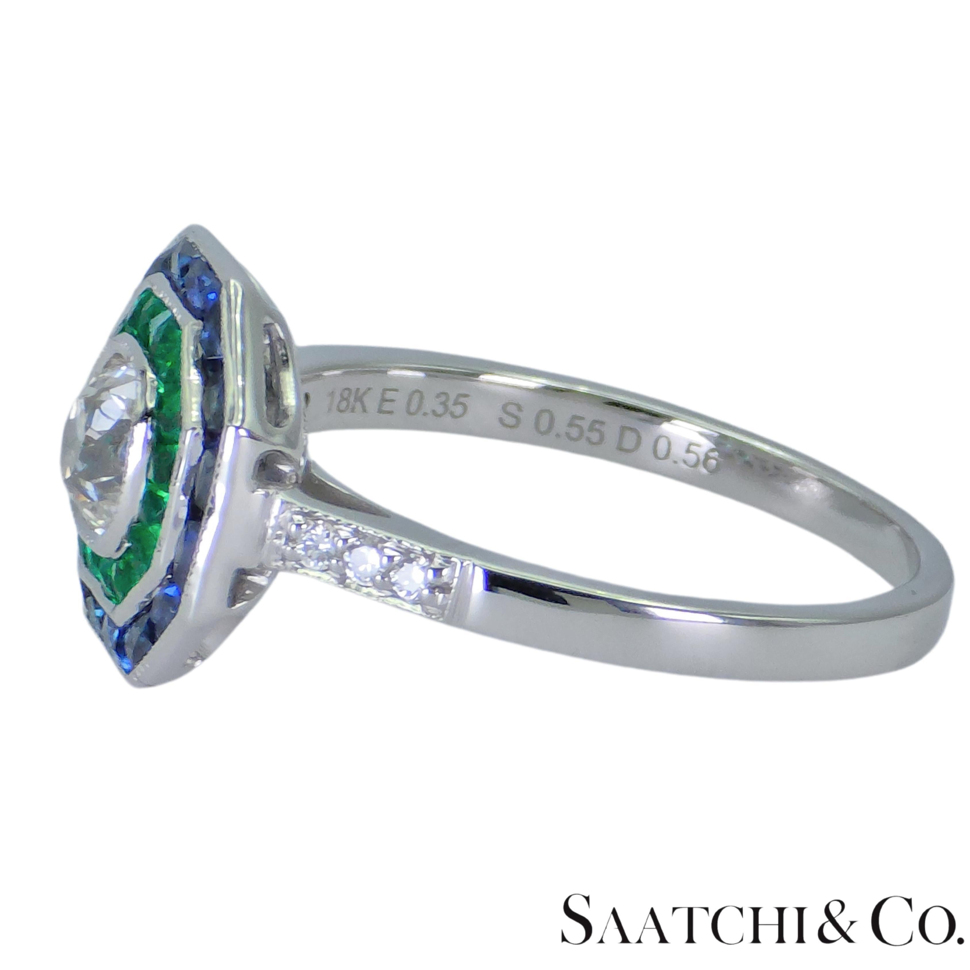 Esmeralda Zafiro Diamante Natural Forma Cojín Oro Blanco 18K 750: Anillo en venta 1