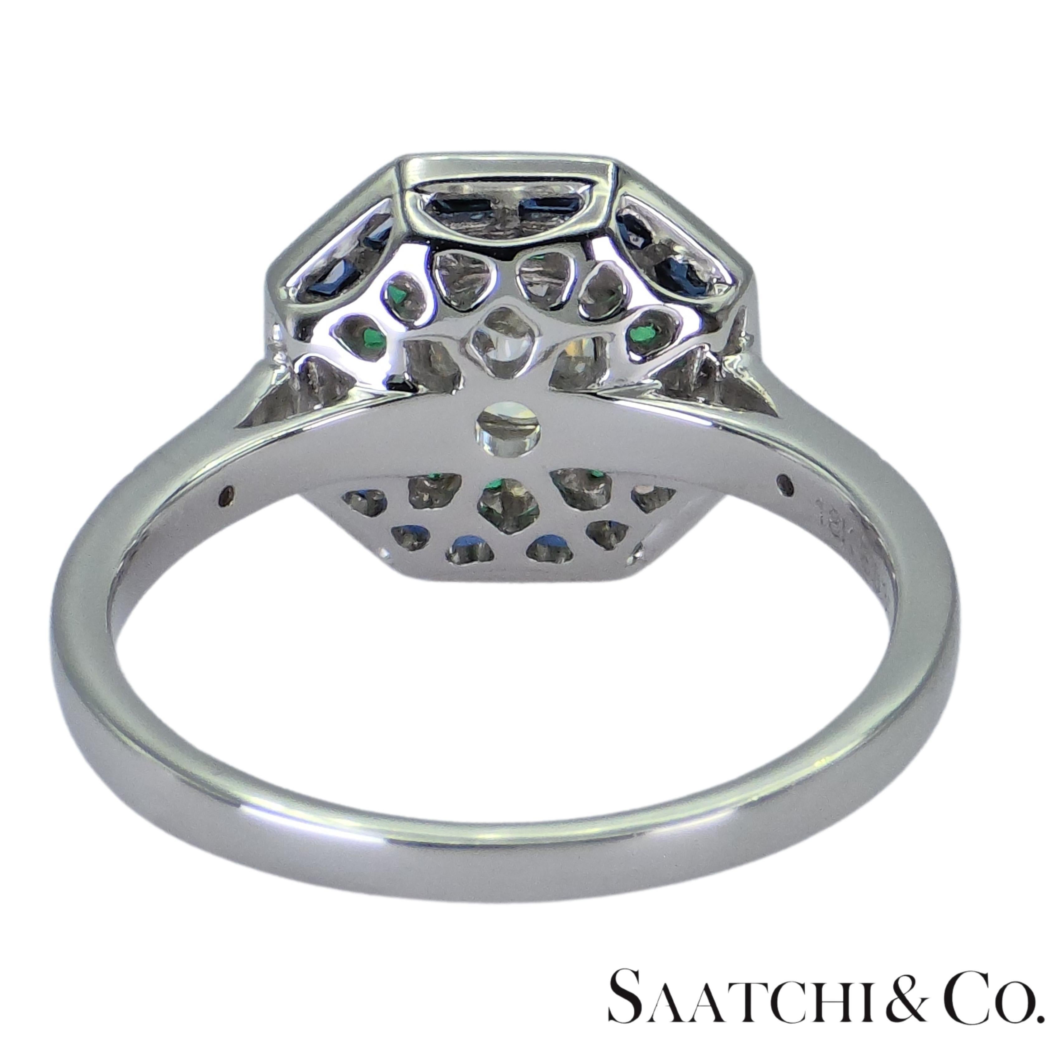 Esmeralda Zafiro Diamante Natural Forma Cojín Oro Blanco 18K 750: Anillo en venta 2
