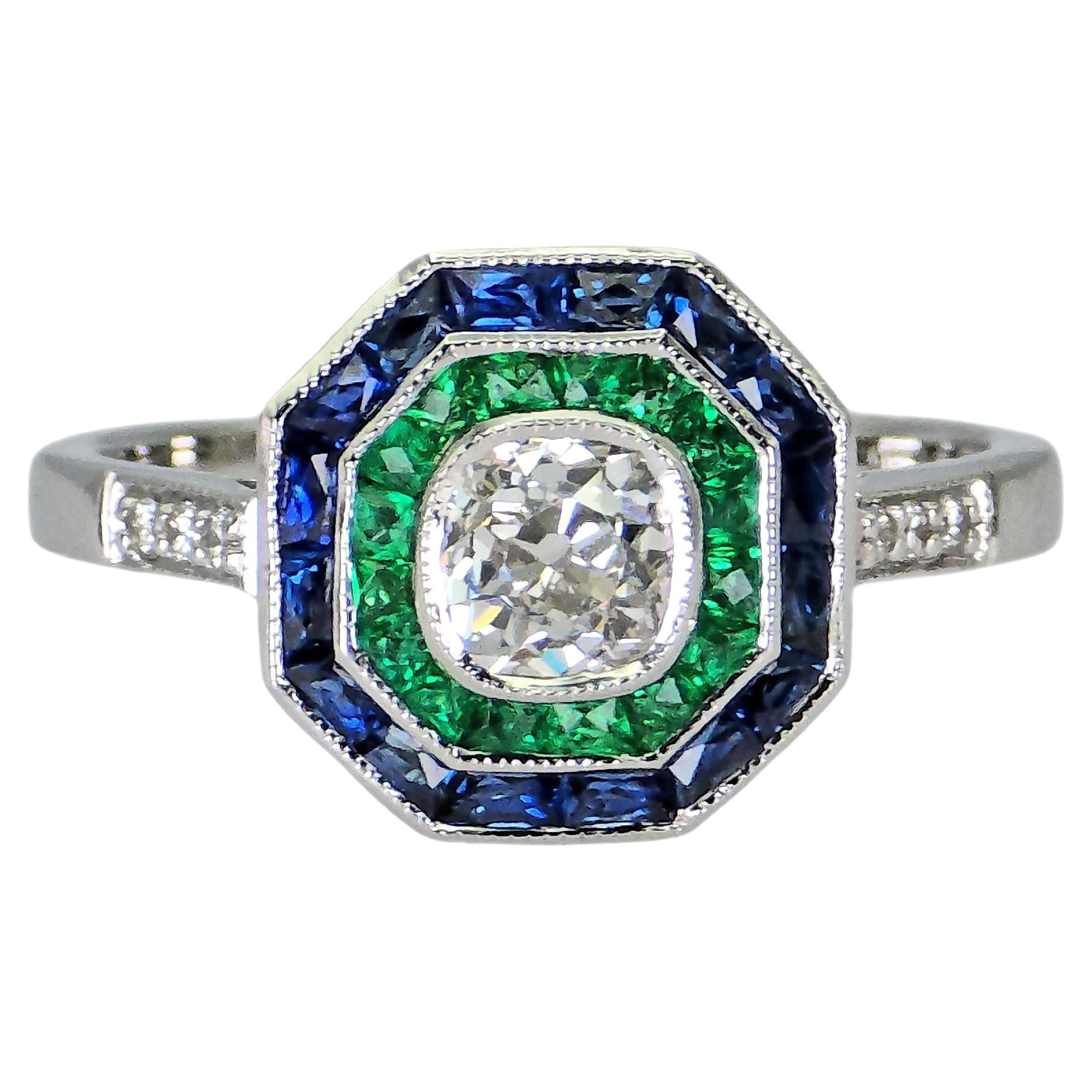 Oro bianco 18K 750 Forma a cuscino Diamante naturale Zaffiro smeraldo: Anello