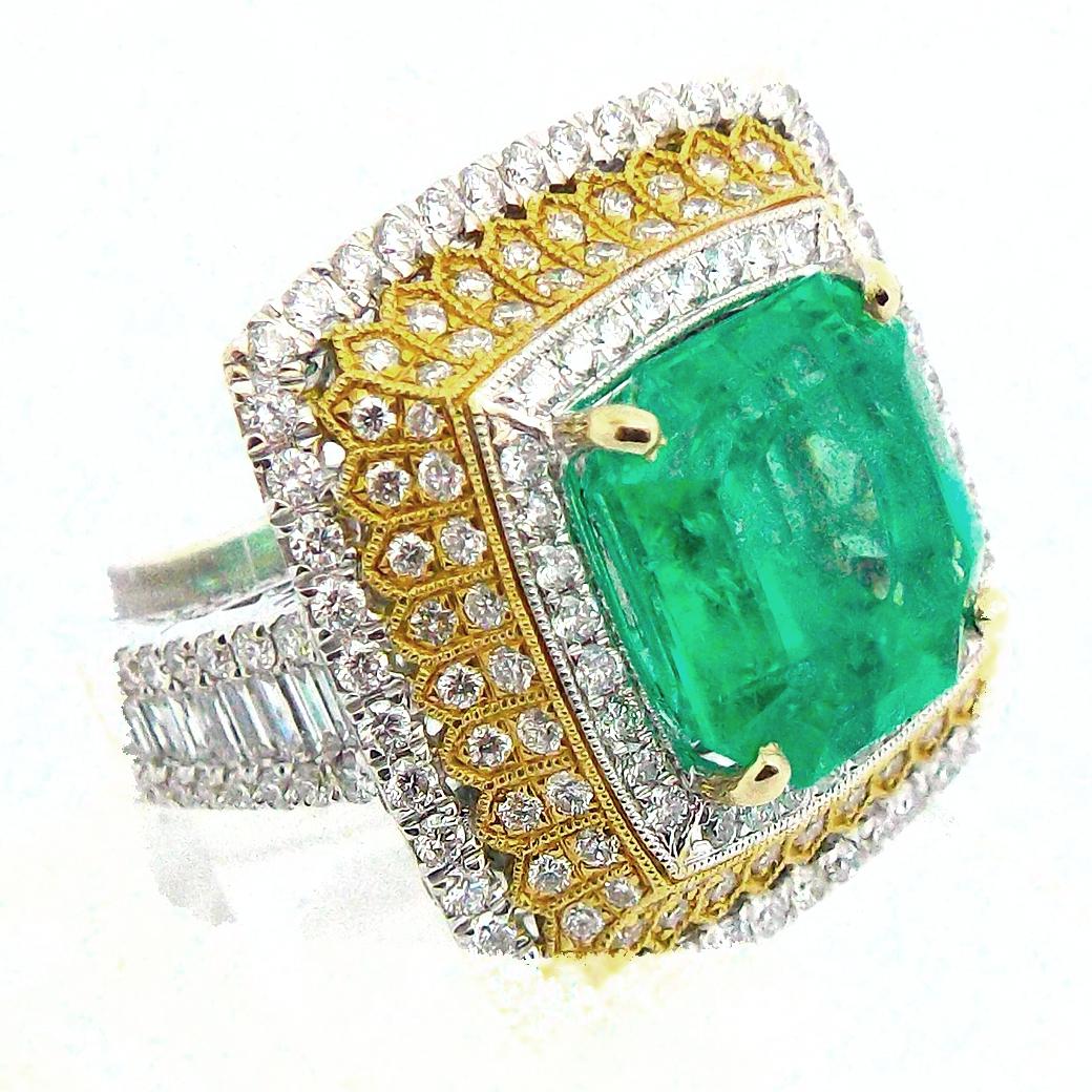 The ring features a square emerald-cut emerald measuring 12.30 x 11.90 x 9.50 mm and weighing approximately 8.50ct, enhanced by full and baguette-cut diamonds weighing approximately 3.25ct, set in 18k yellow and white gold.
Diamond Average Color: