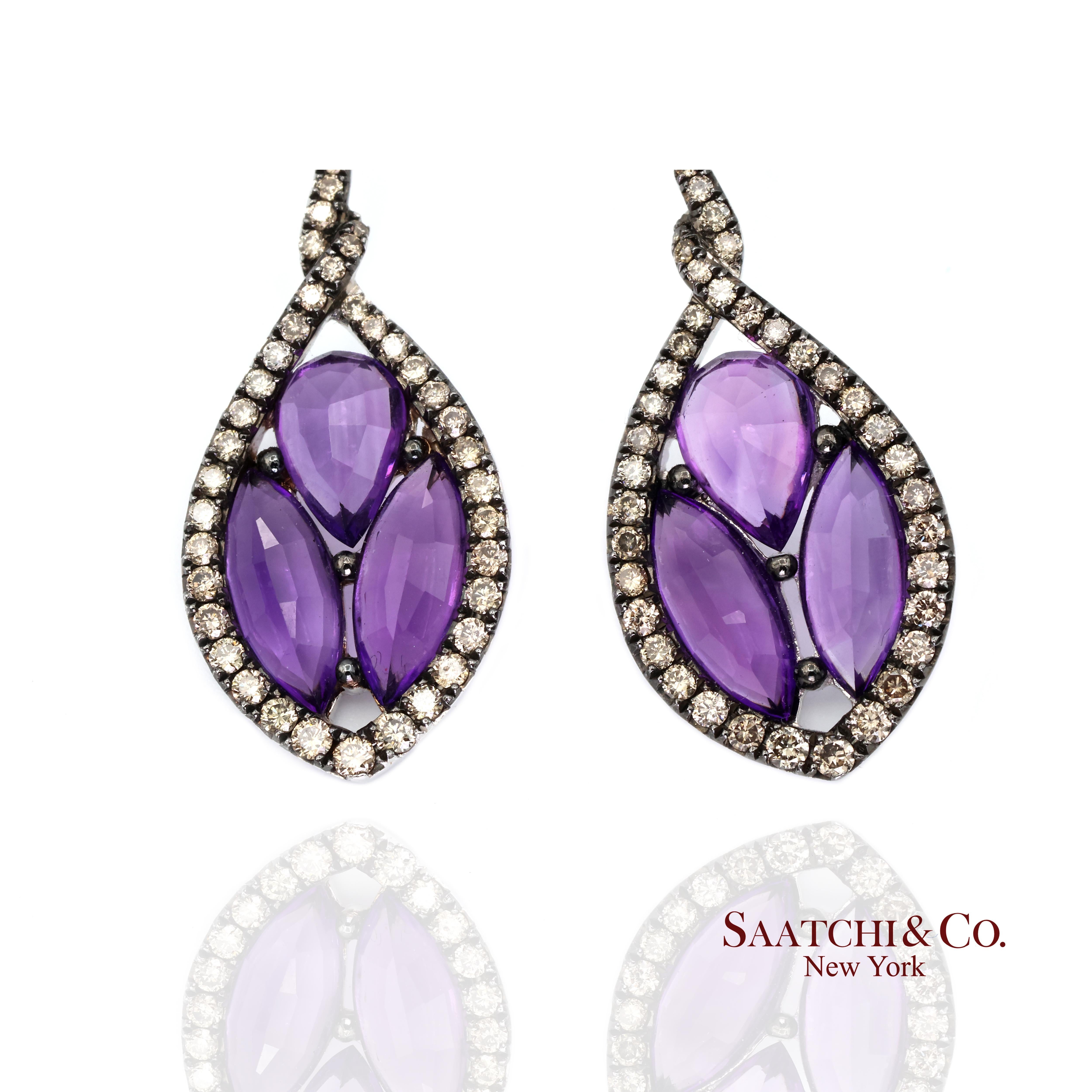 Boucle d'oreille en or blanc 18k 750 Améthyste naturelle et diamant Unisexe en vente