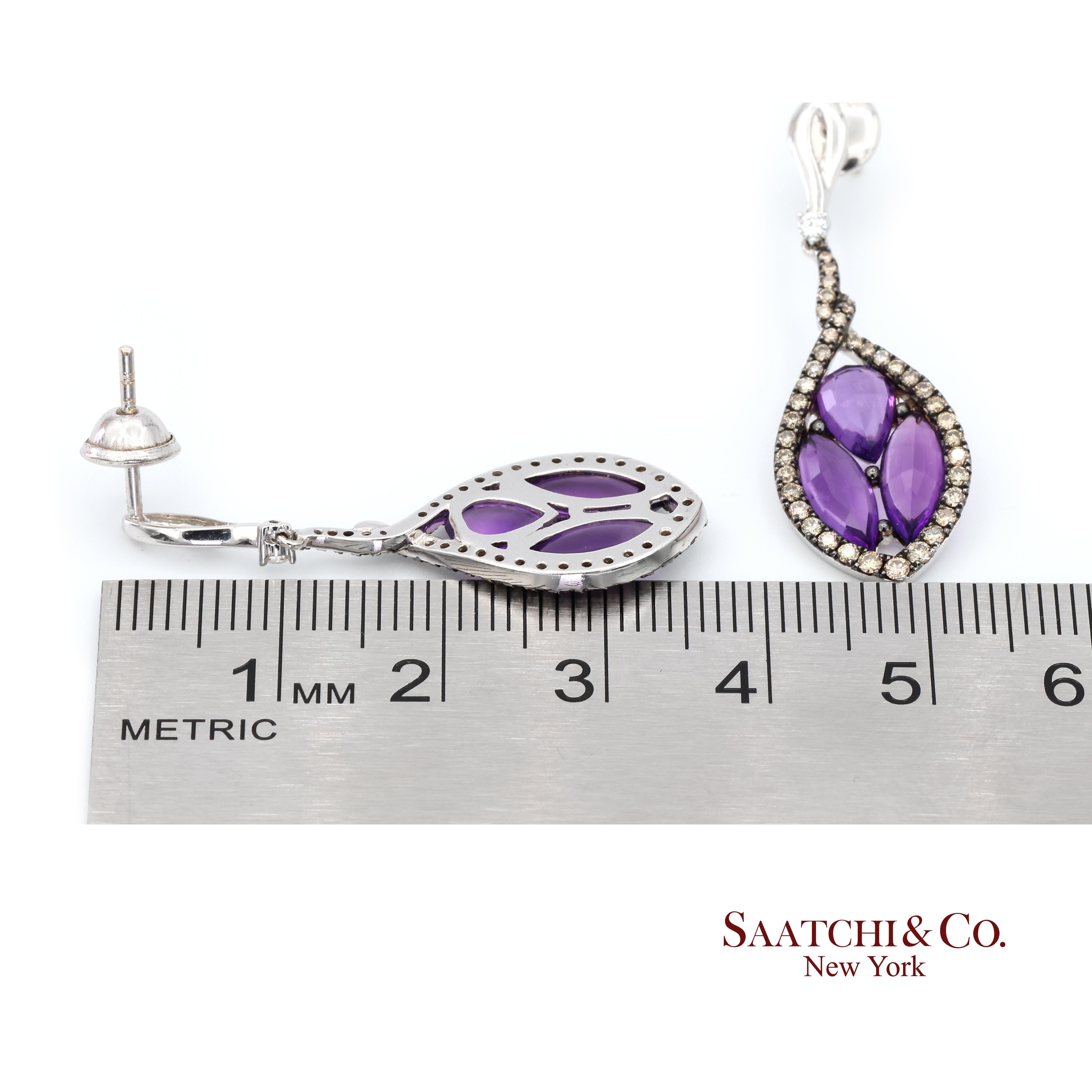 Boucle d'oreille en or blanc 18k 750 Améthyste naturelle et diamant en vente 2