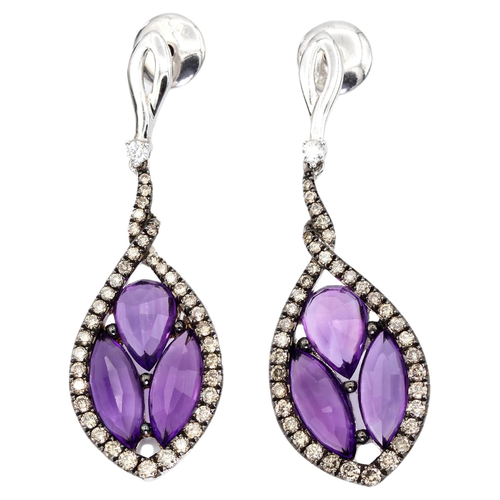18k 750 Weißgold Natürlicher Amethyst und Diamant-Ohrring