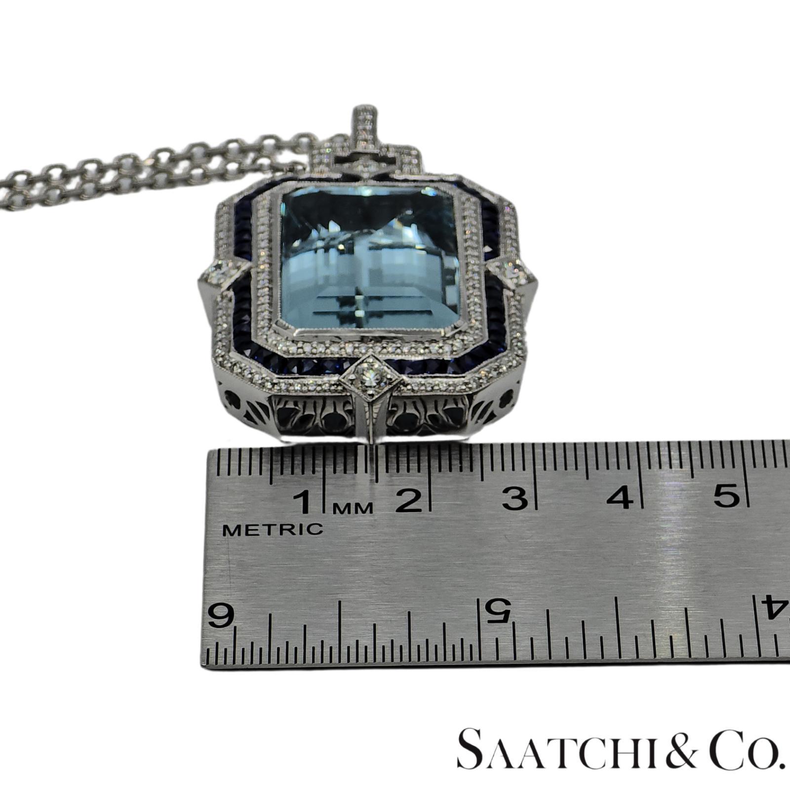 18K 750 White Gold - Natural : Aquamarine Stone, Diamond And Sapphire Pendant For Sale 4