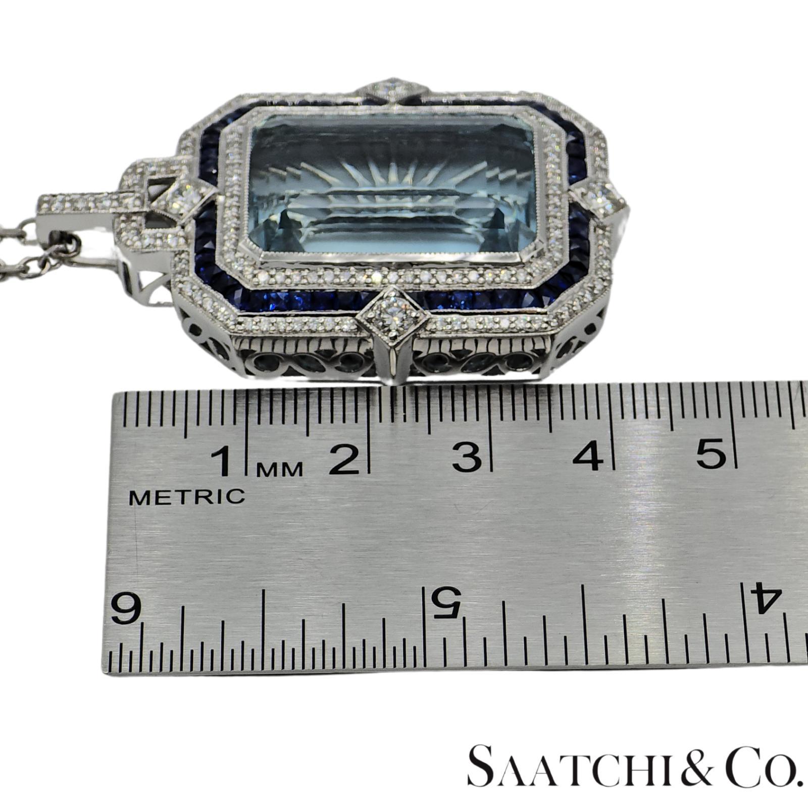18K 750 White Gold - Natural : Aquamarine Stone, Diamond And Sapphire Pendant For Sale 5