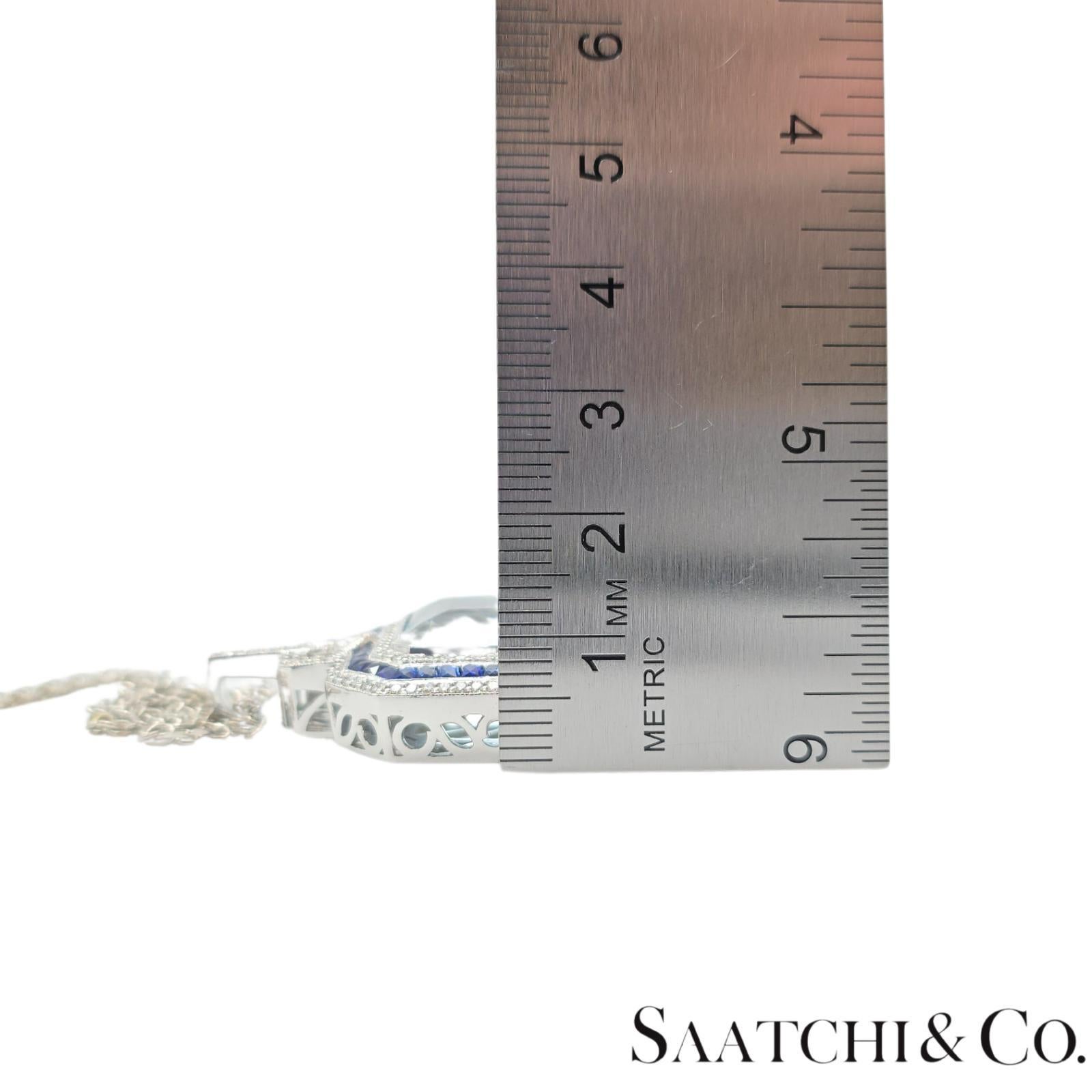 18K 750 White Gold - Natural : Aquamarine Stone, Diamond And Sapphire Pendant For Sale 6