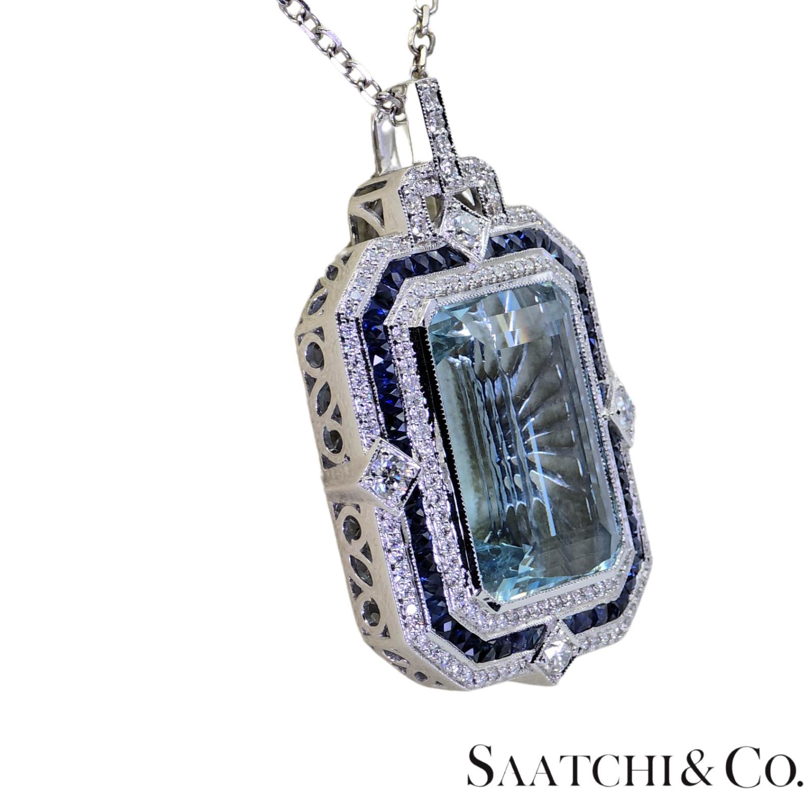 Emerald Cut 18K 750 White Gold - Natural : Aquamarine Stone, Diamond And Sapphire Pendant For Sale